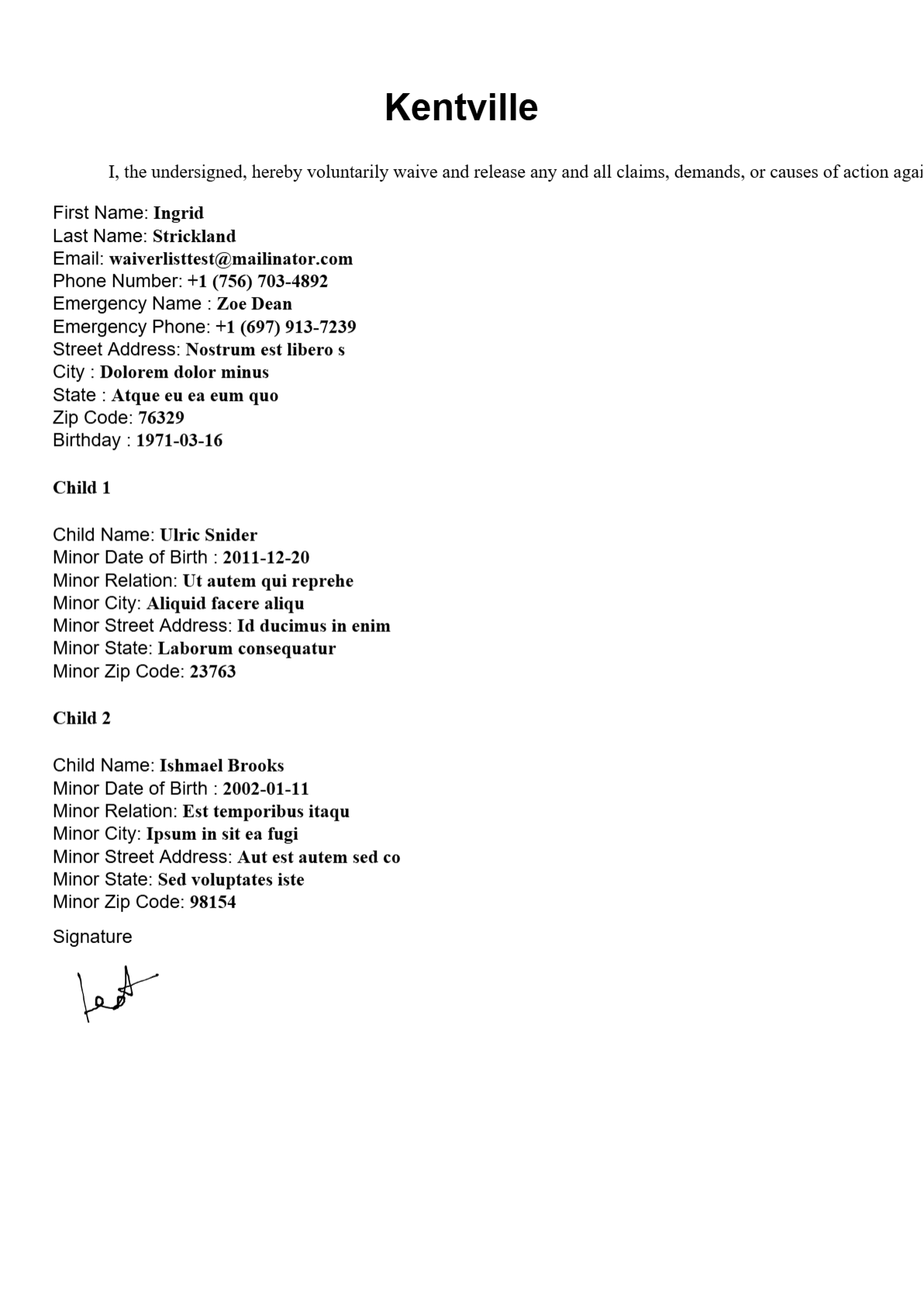 Signed waiver PDF showing the signer's details and signature