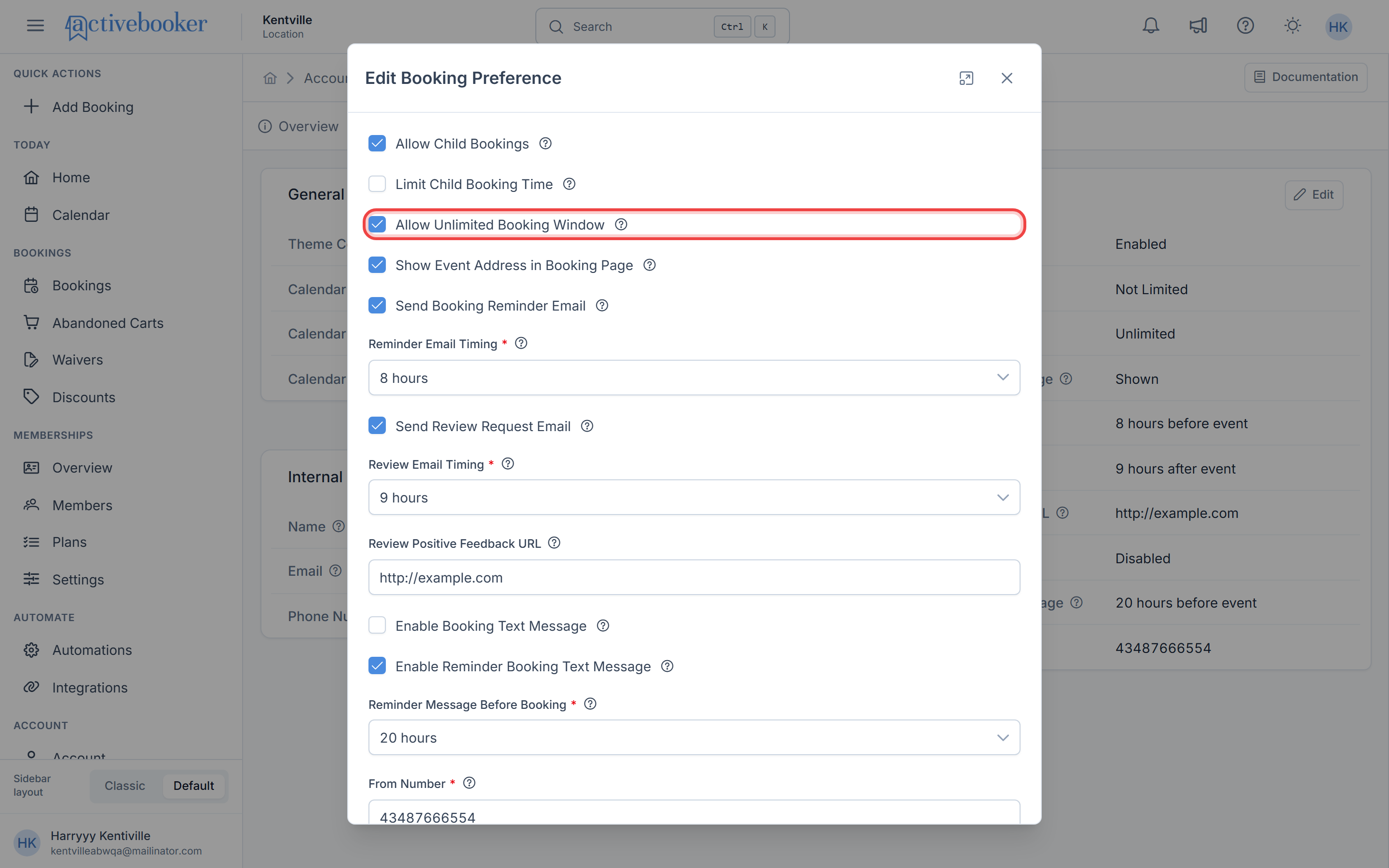 Edit modal showing Booking Window Size and Period fields