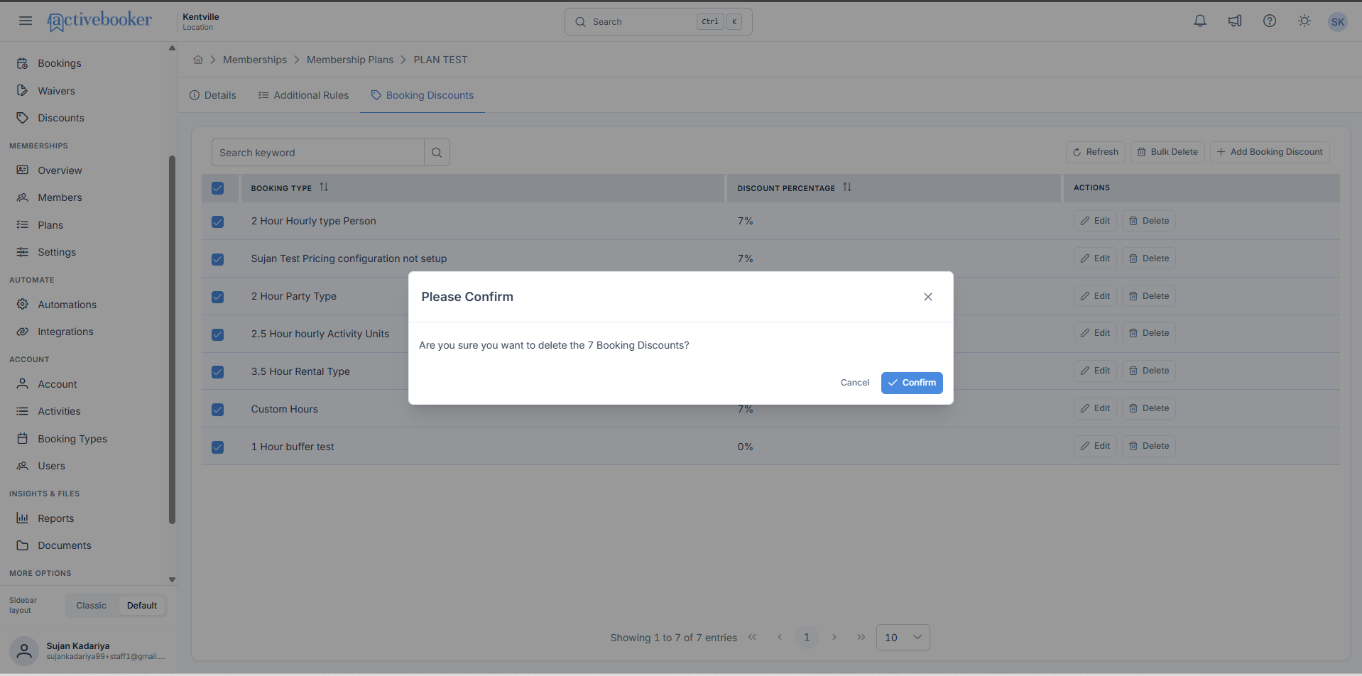 Bulk delete confirmation dialog for selected booking discounts