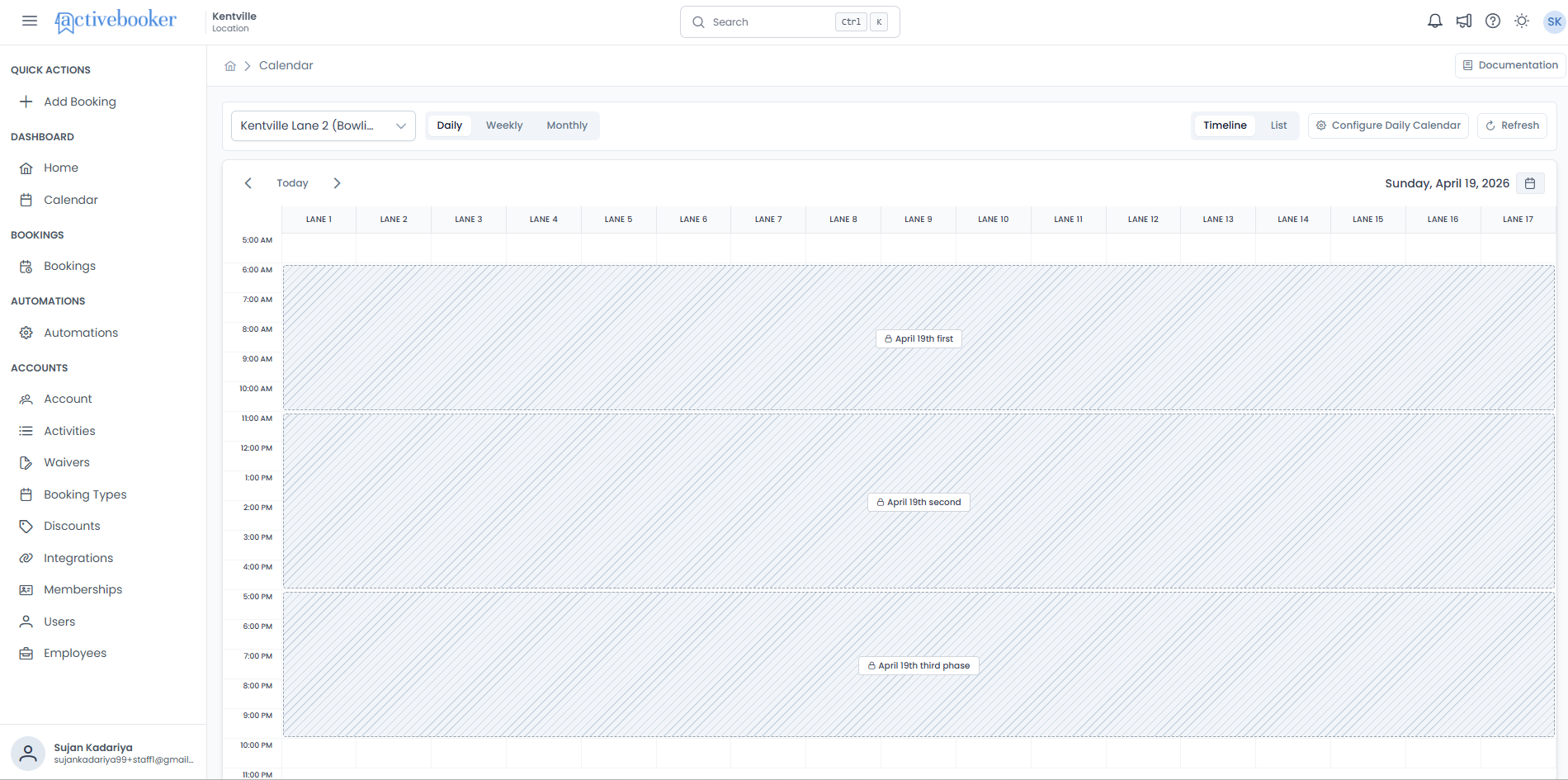 Block rules shown as hatched grey overlays on the Daily timeline, with unblocked targets remaining white and available