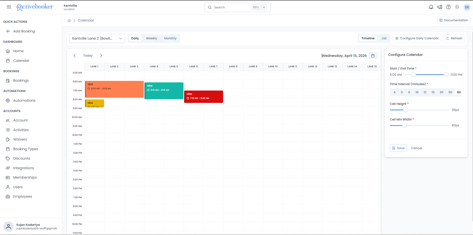 Configure Daily Calendar panel showing time range slider, time interval options, cell height and width sliders