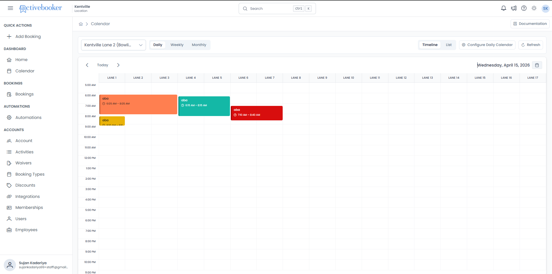 Daily timeline view showing multiple target columns with colour-coded booking cards and time slots on the left