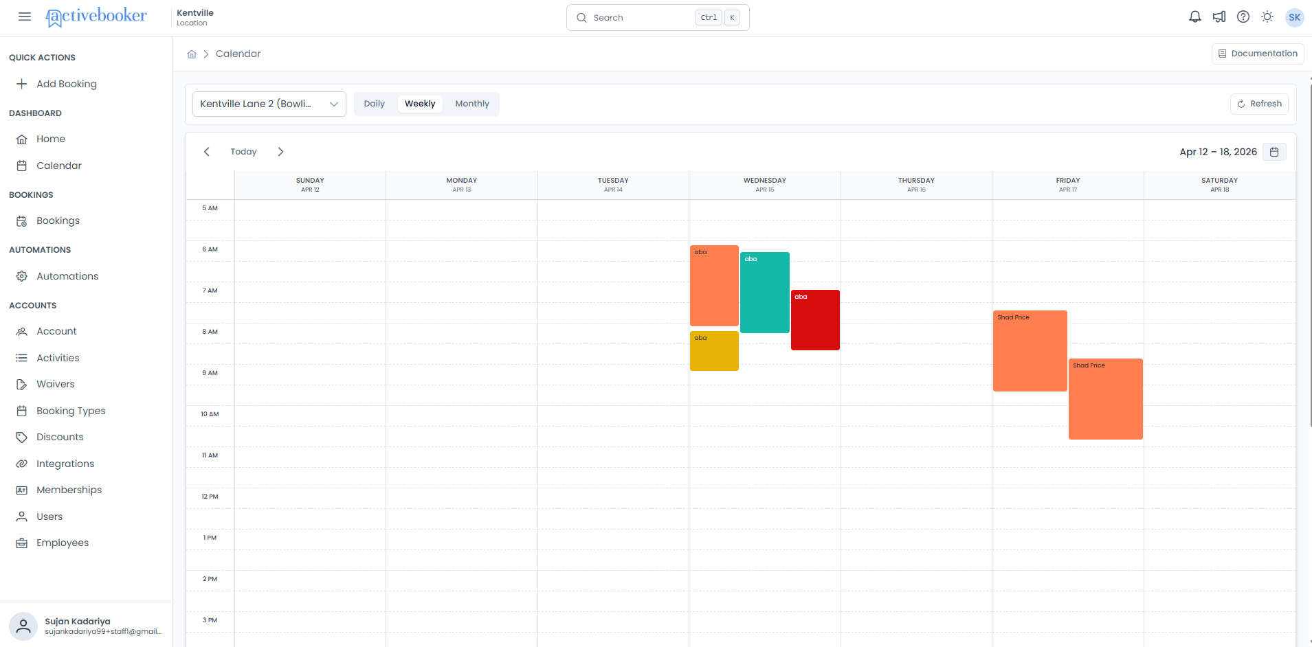 Weekly calendar view showing Sunday–Saturday columns with colour-coded booking cards spread across the week