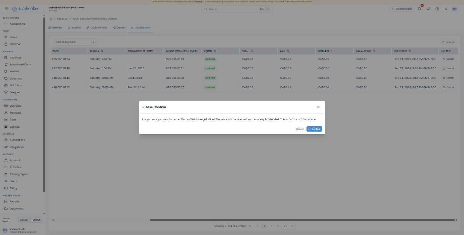 The cancel confirmation dialog over the registrations table