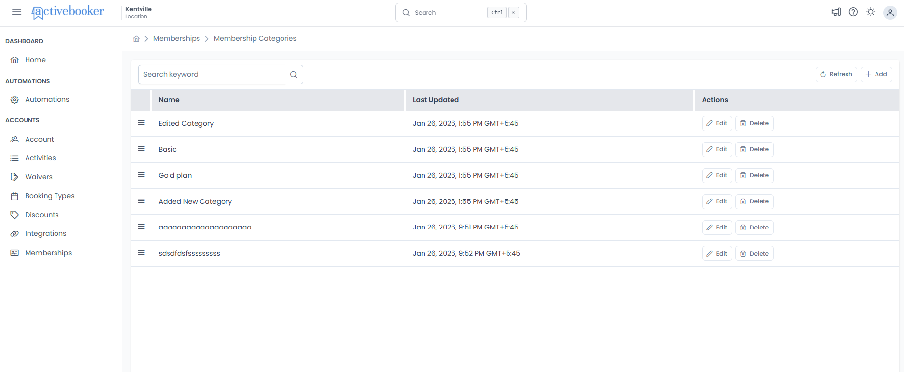 Membership categories list with drag handles and actions