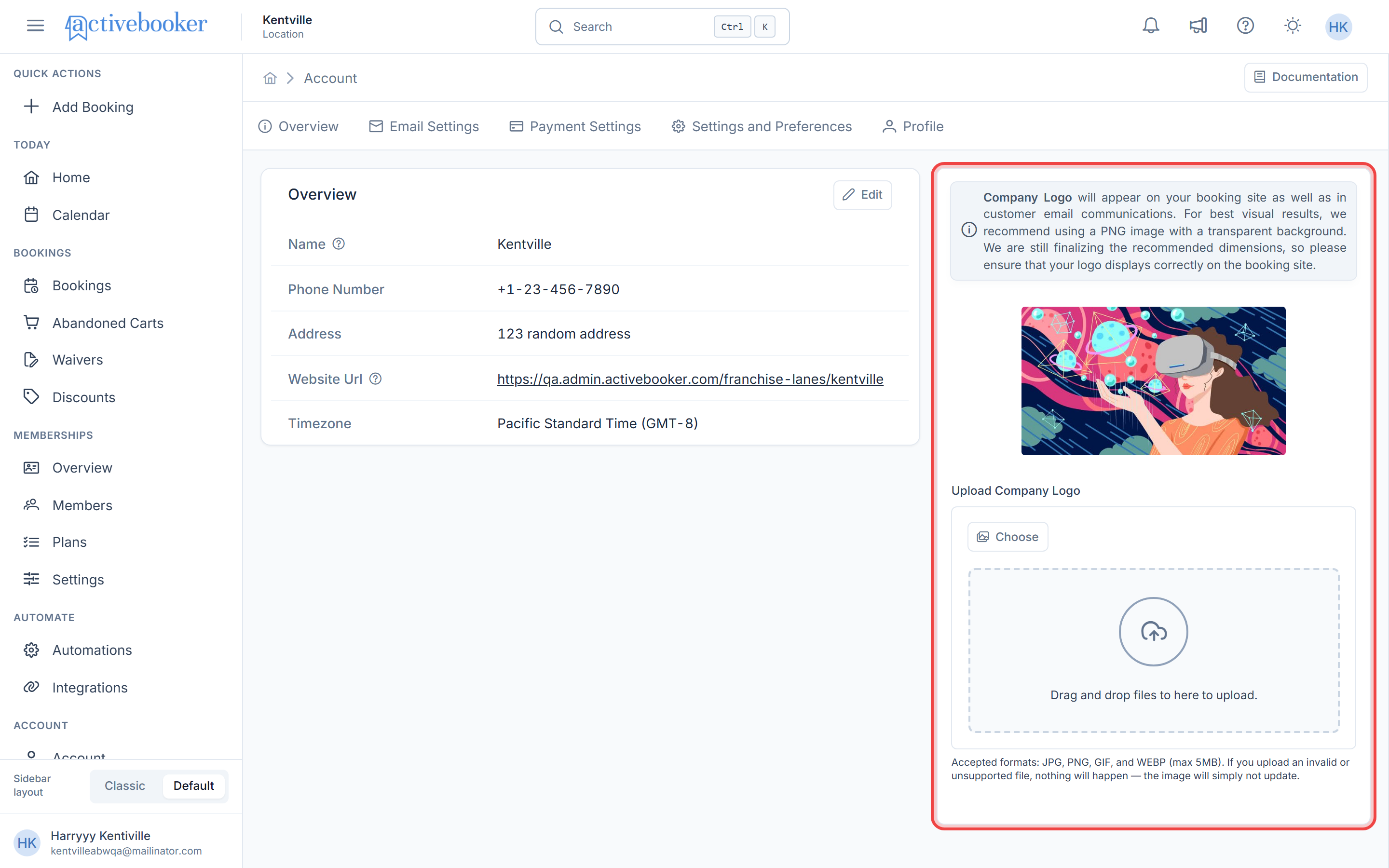 Company logo upload section on the account Overview tab