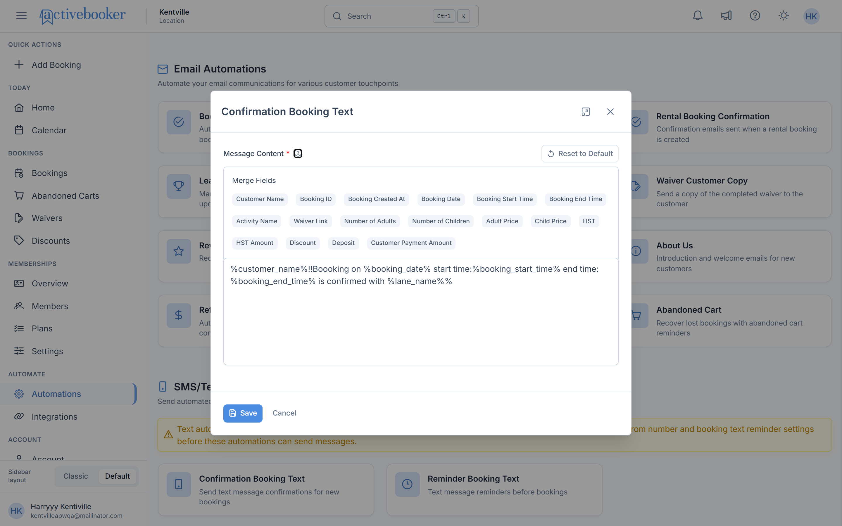 Confirmation Booking Text Modal