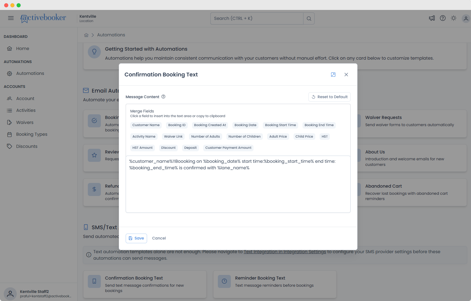 Confirmation Booking Text Modal