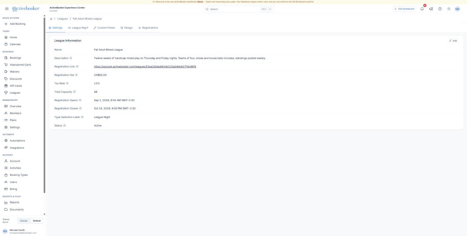 The Settings tab of a league showing the registration link, fee, tax, capacity, and registration window