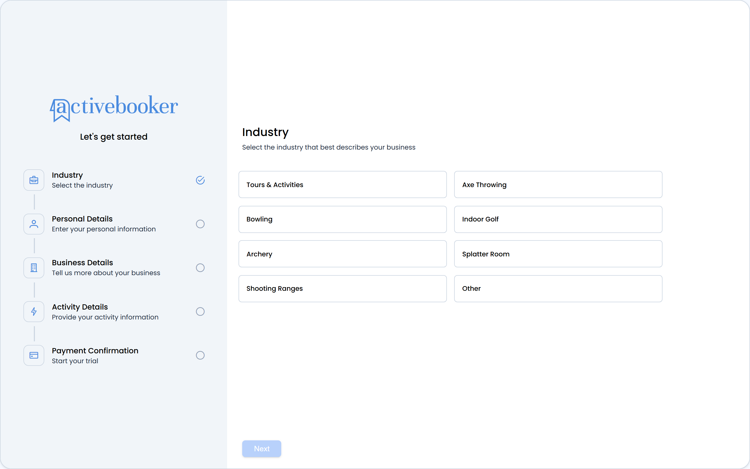 Sign-up wizard industry selection step