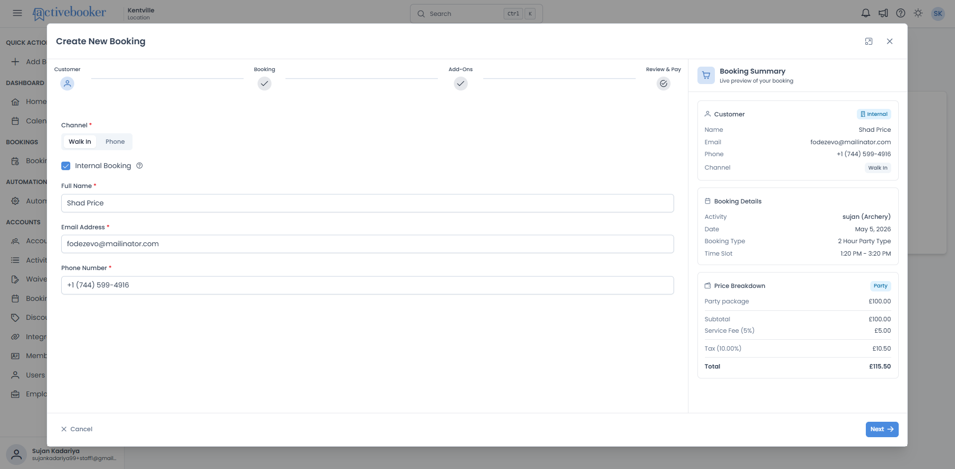 Customer step showing booking channel selector, customer information fields, and Booking Summary panel