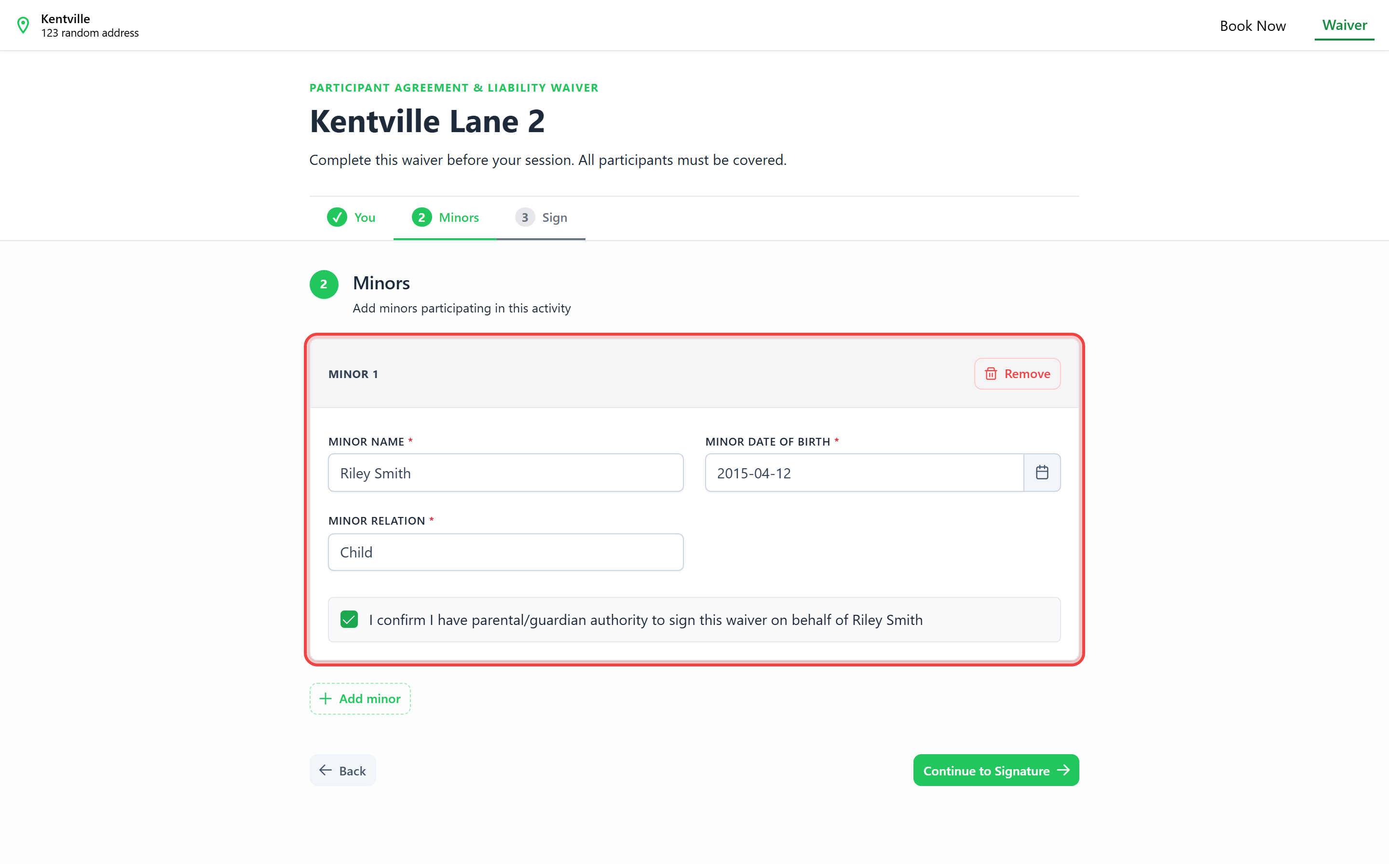 Waiver form on the Minors step with a minor card and guardian consent checkbox highlighted