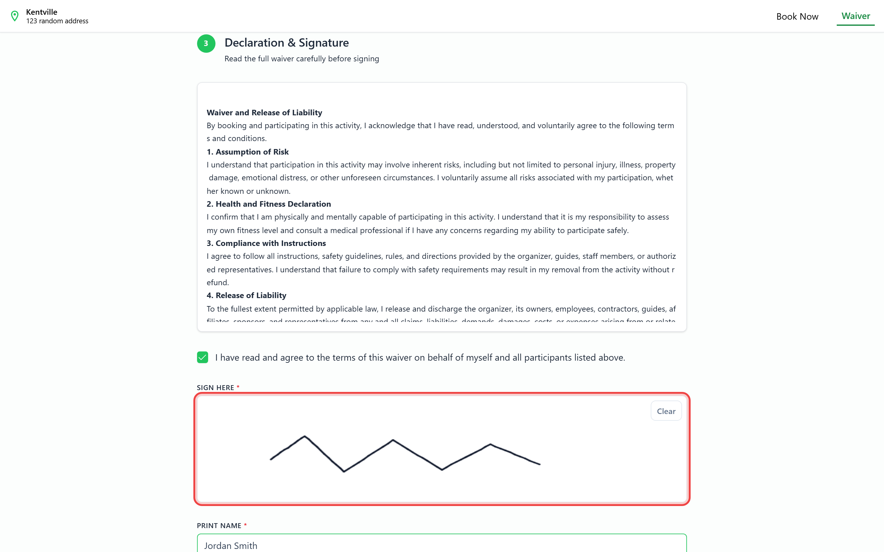 Waiver form on the Sign step with the waiver text, agreement checkbox, and signature pad highlighted