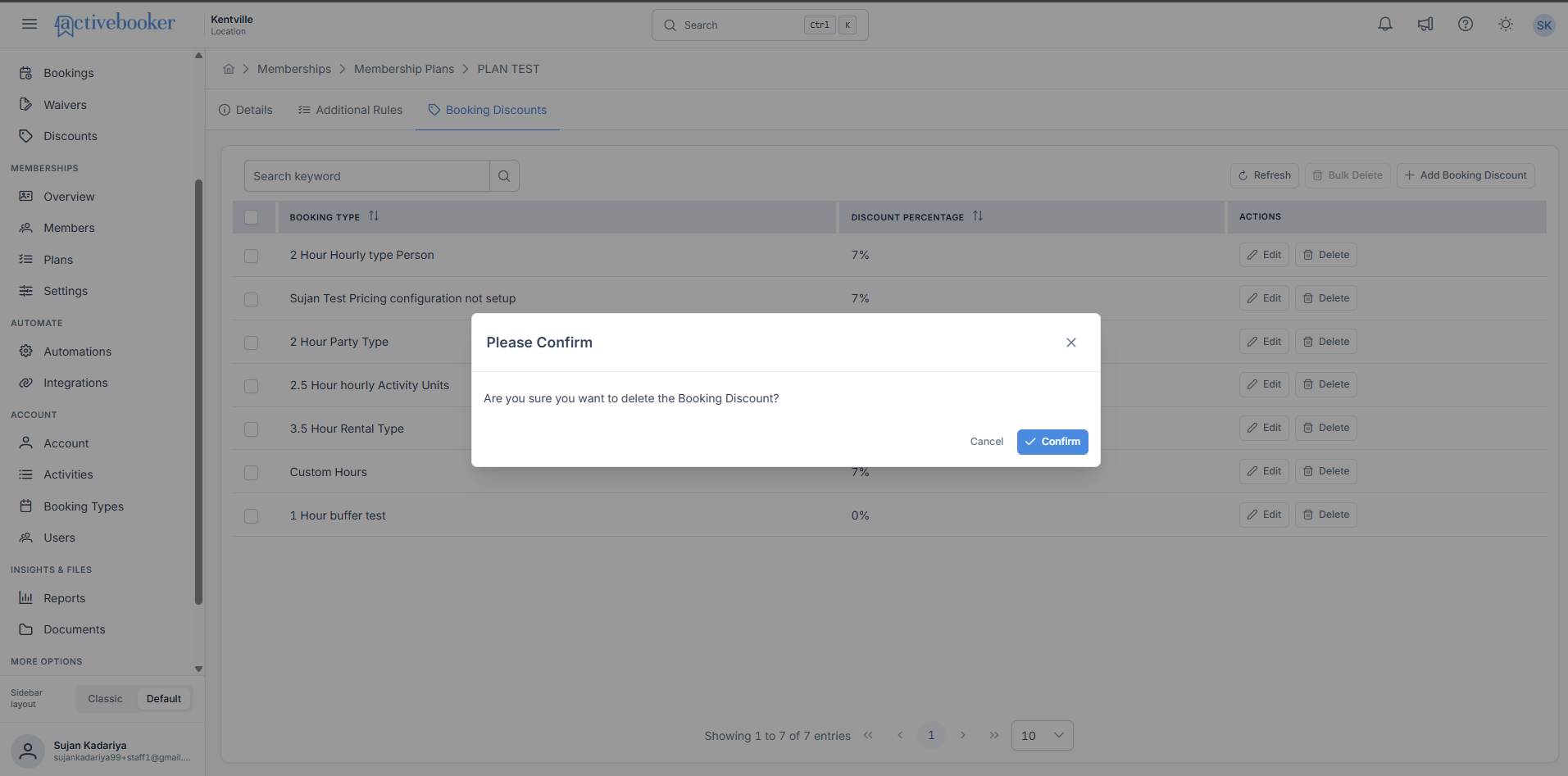 Delete confirmation dialog for a single booking discount