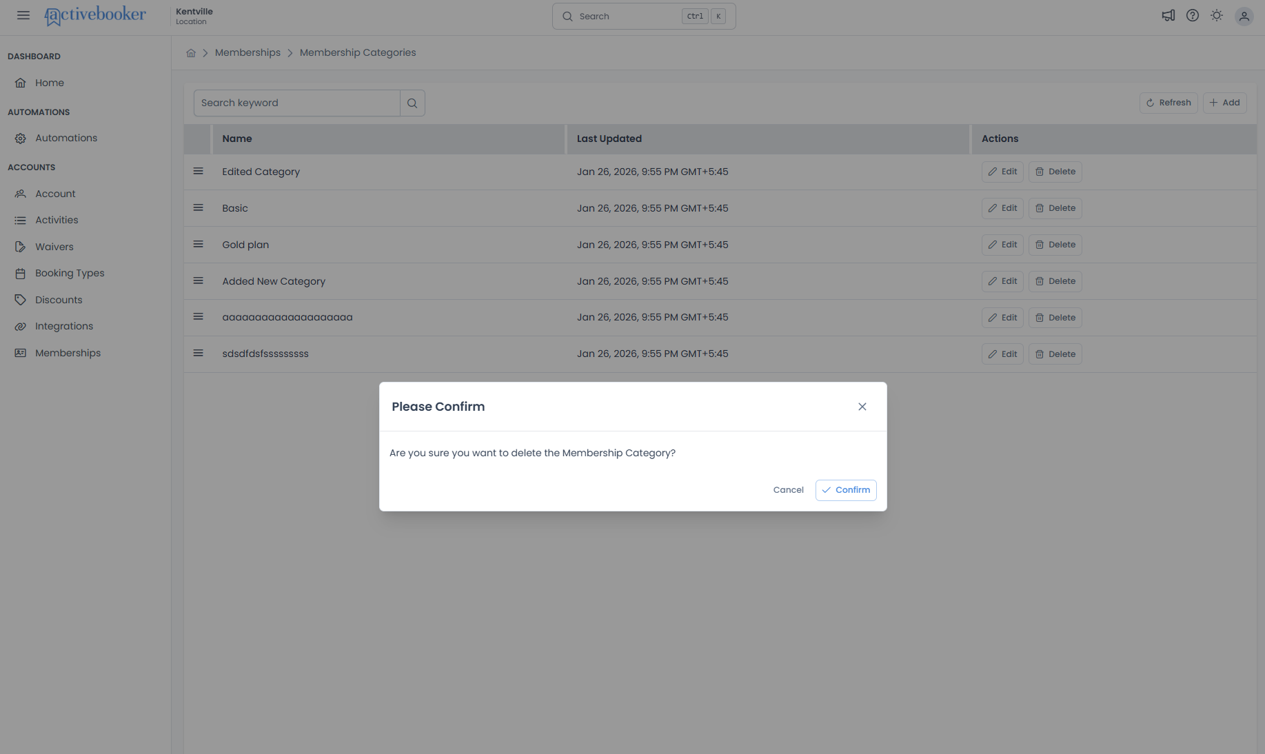 Delete category confirmation dialog
