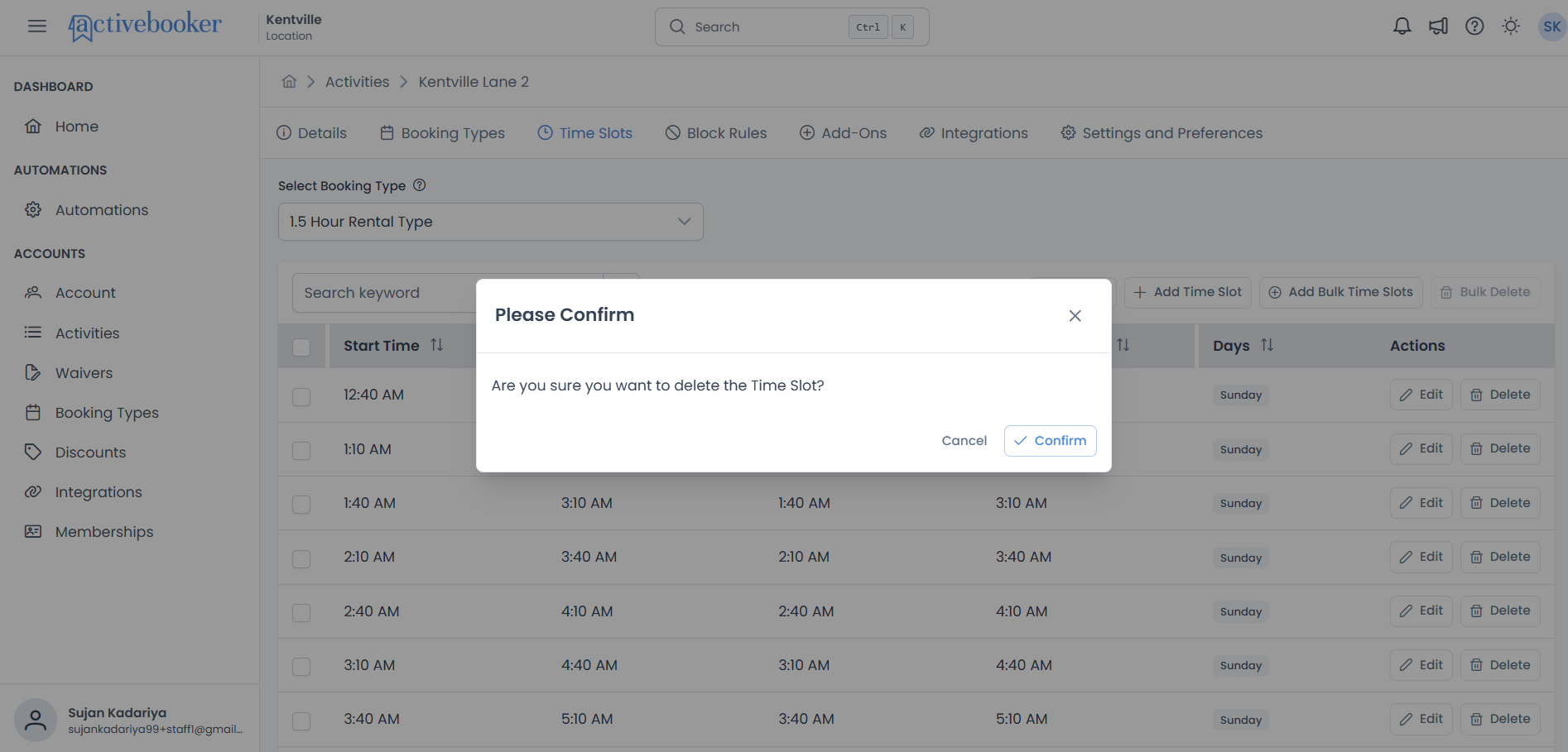 Delete confirmation dialog for single time slot
