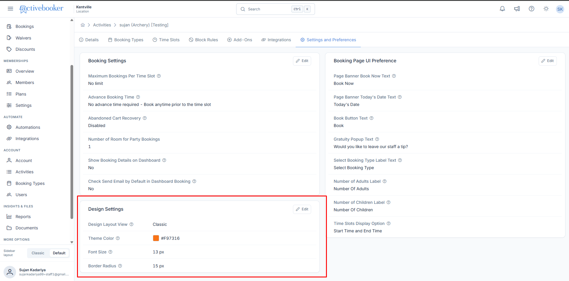 Design Settings card in view mode