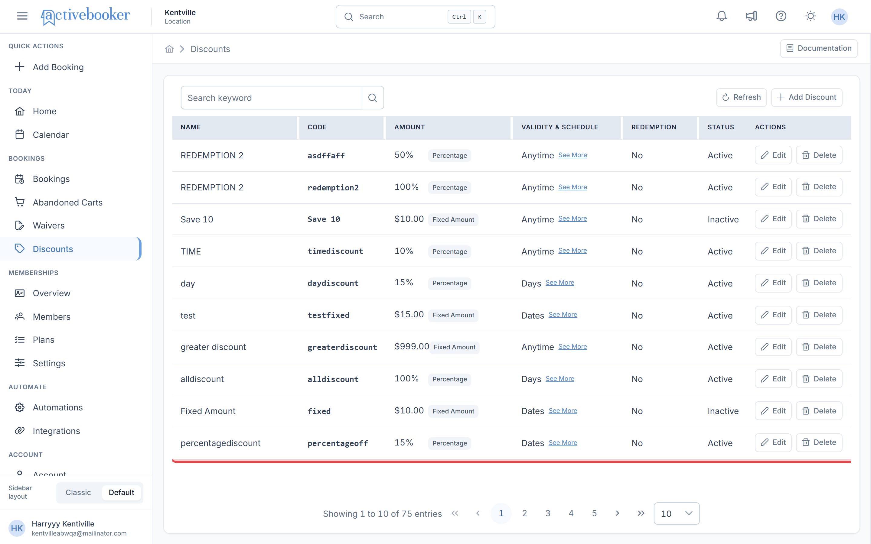 Discounts list table showing all active and inactive discount codes