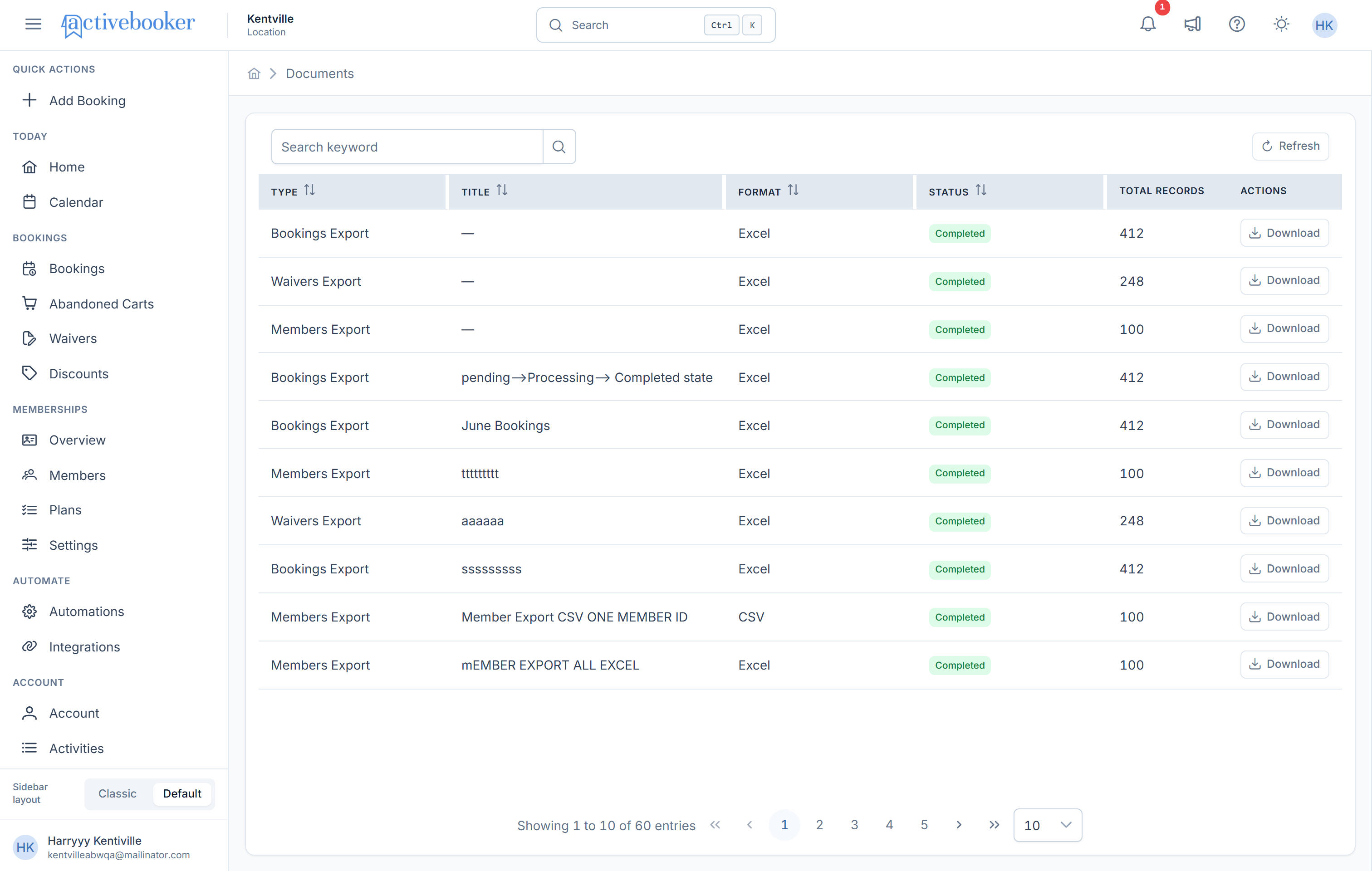 Documents page showing a list of export records with their status and download actions