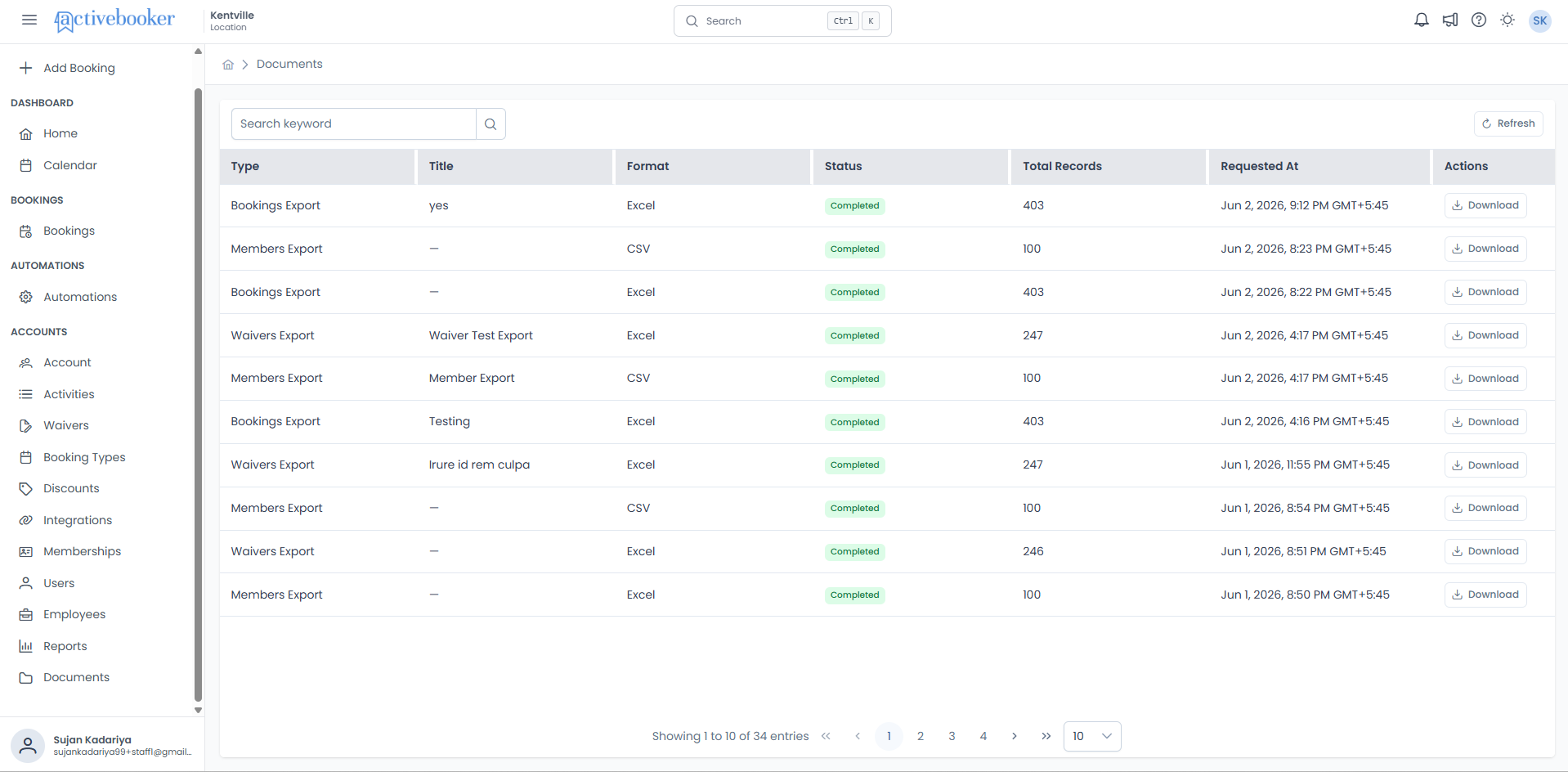 Documents page showing a list of export records with their status and download actions