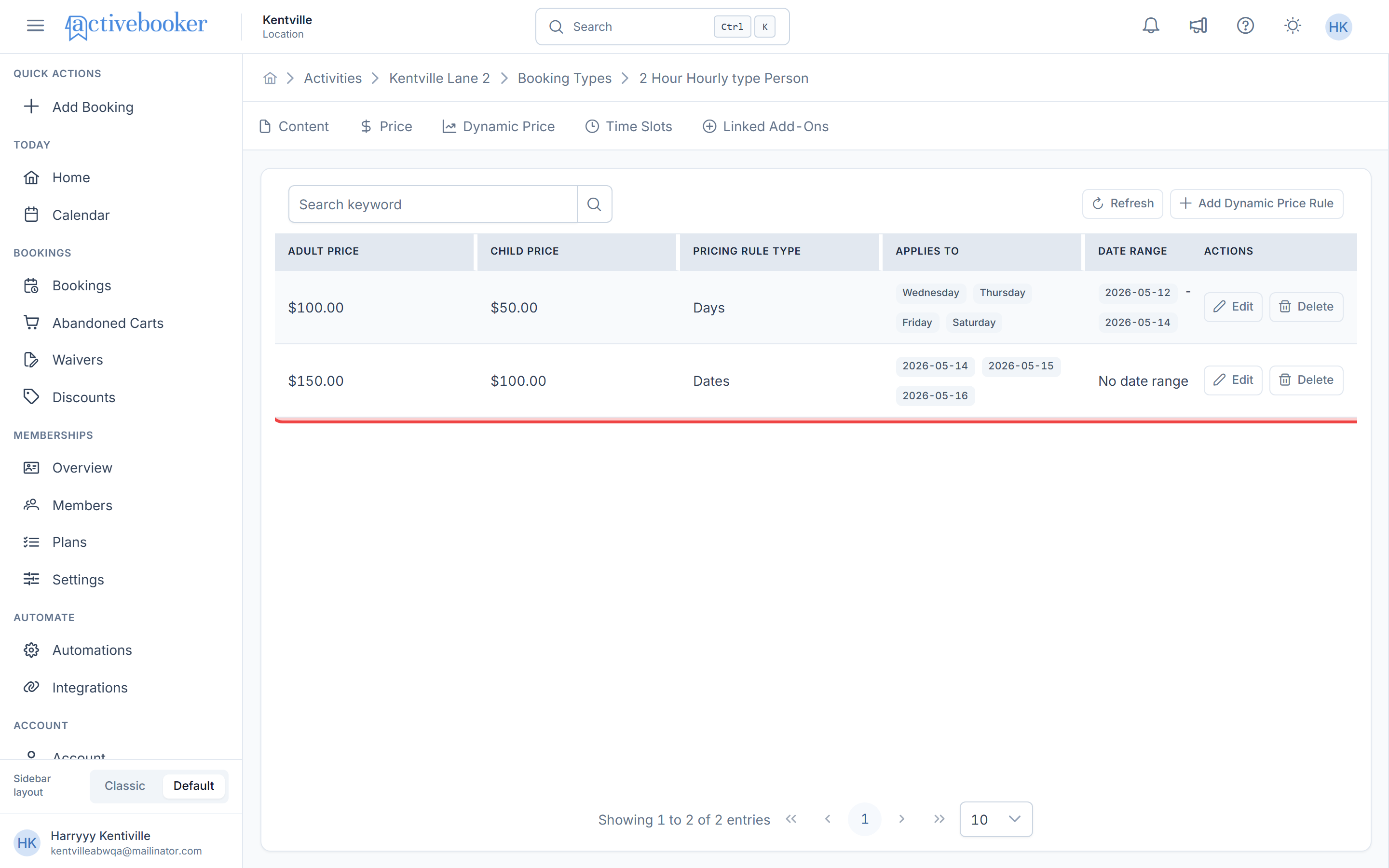 Dynamic Pricing page showing existing rules