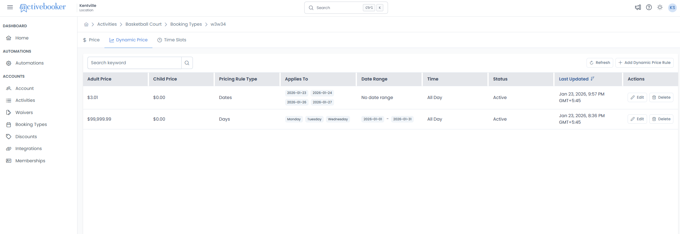 Dynamic Pricing page showing existing rules