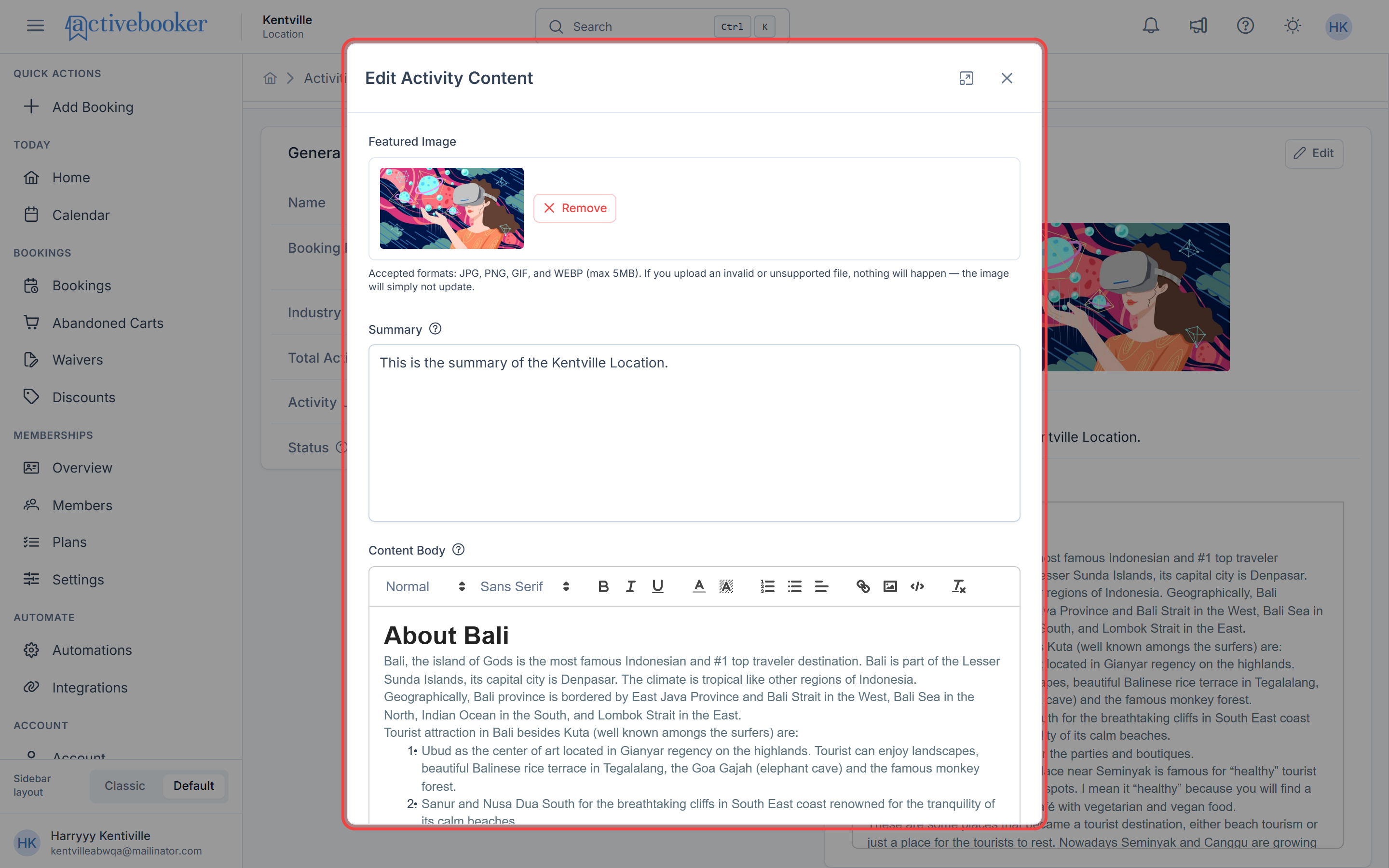 Edit Activity Content modal with featured image, summary, and content body fields