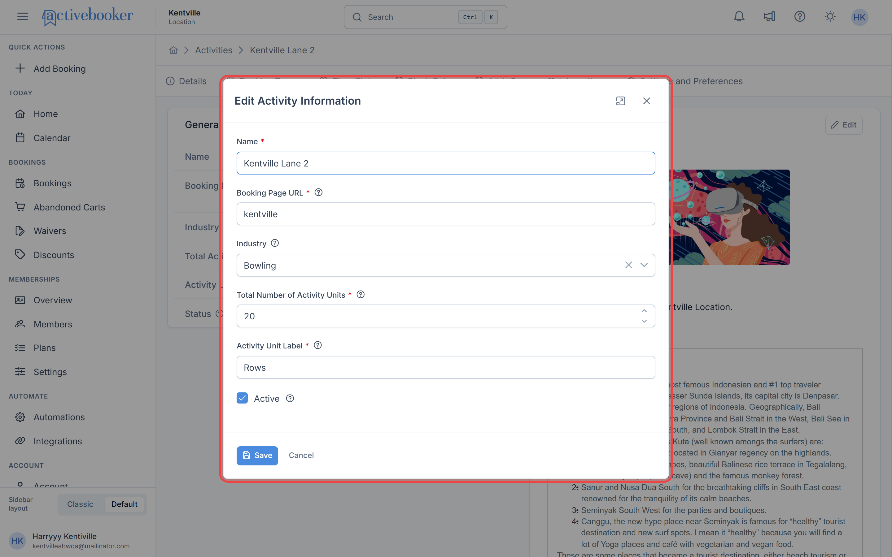 Edit Activity modal with the activity's general information