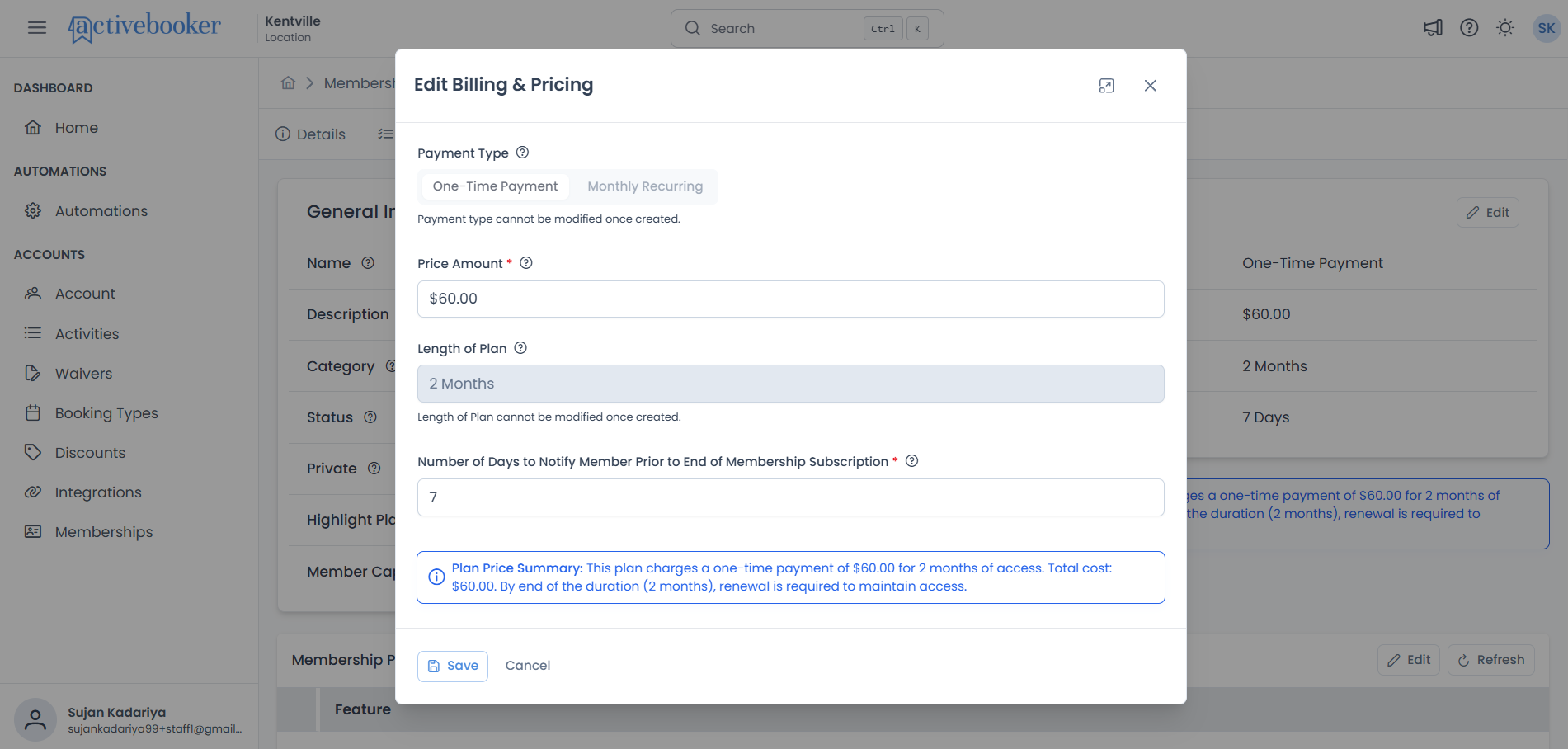 Edit Billing &amp; Pricing modal with all fields