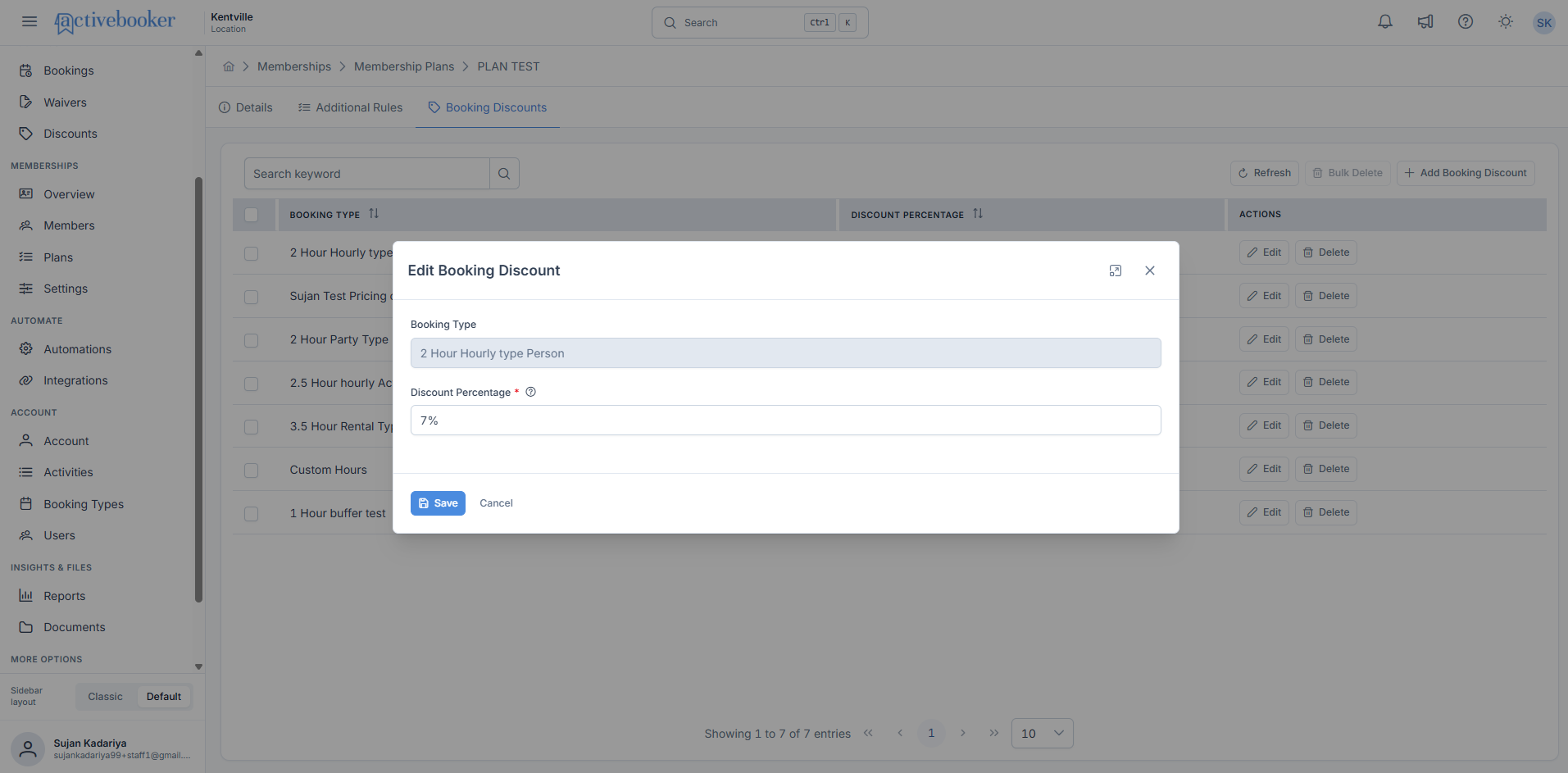 Edit Booking Discount modal showing the current booking type and discount