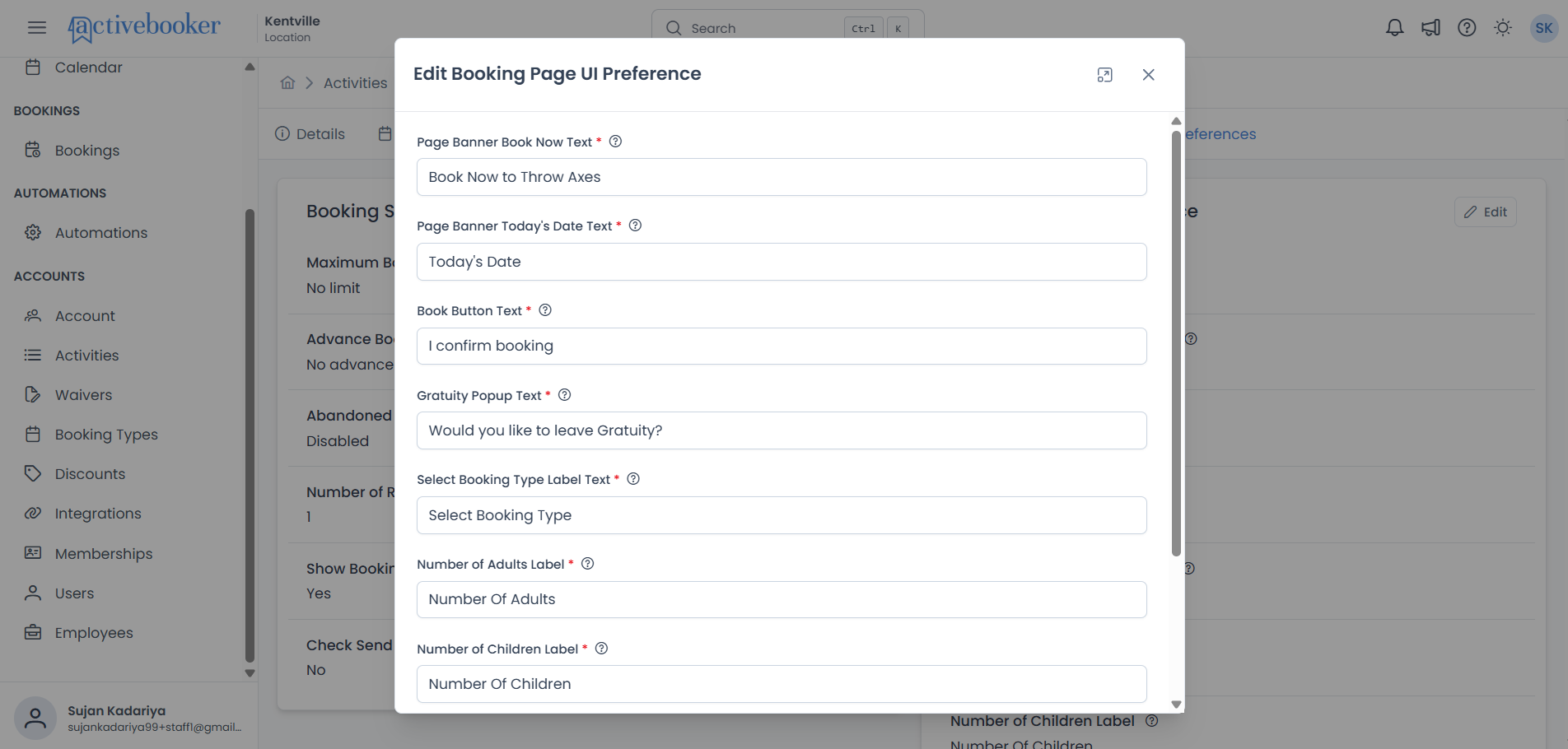 Edit Booking Page UI Preferences Modal