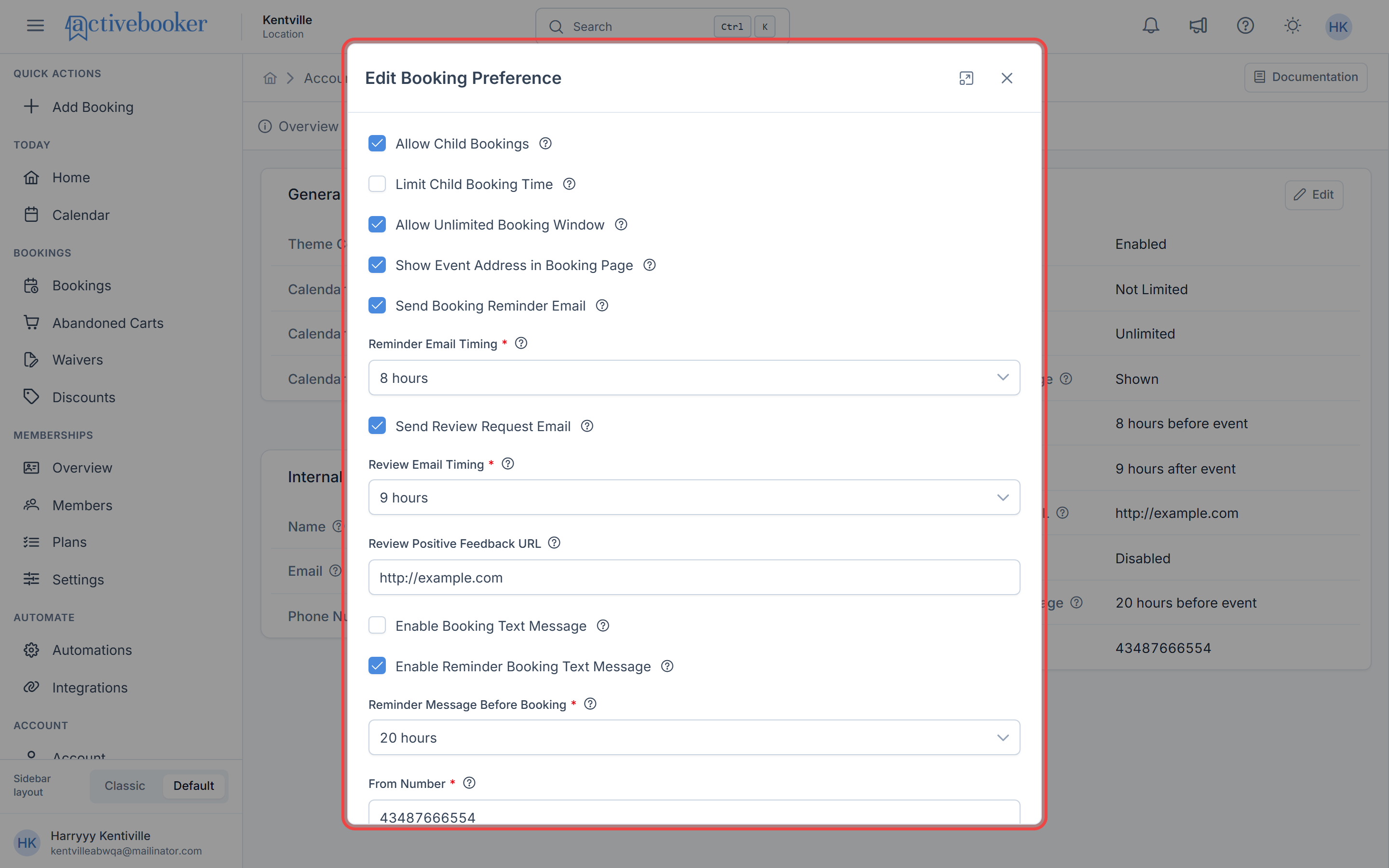 Edit Booking Preference modal showing all configuration options