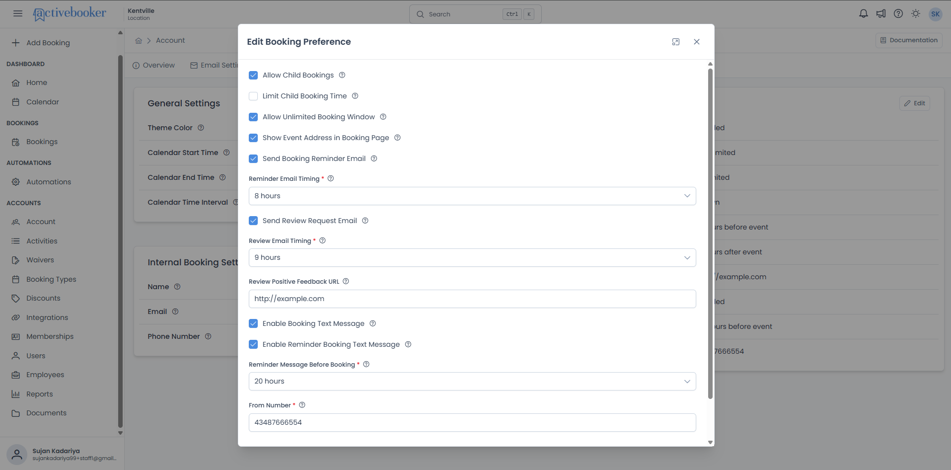 Edit Booking Preference modal showing all configuration options