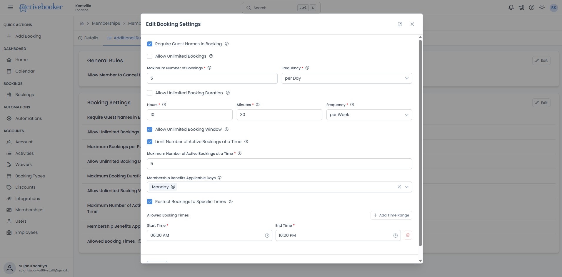 Edit Booking Settings dialog with all configuration options