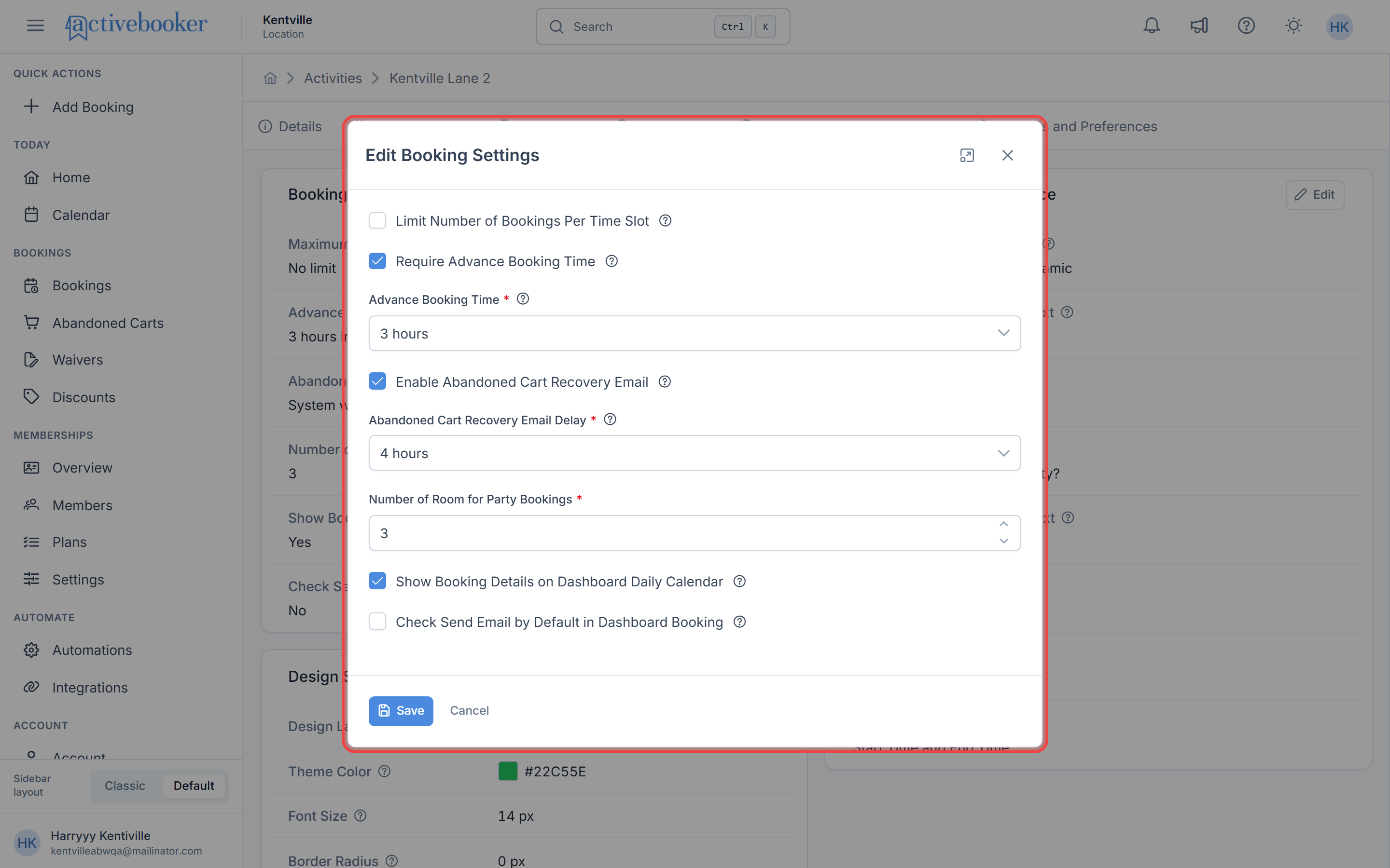 Edit Booking Settings modal with all available options