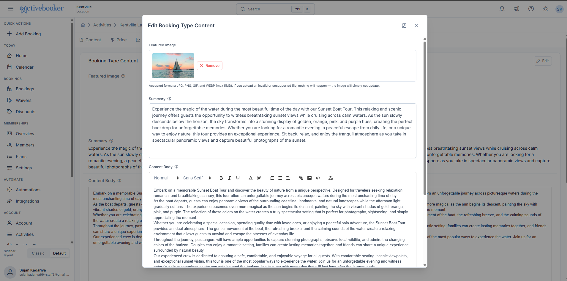 Edit Booking Type Content