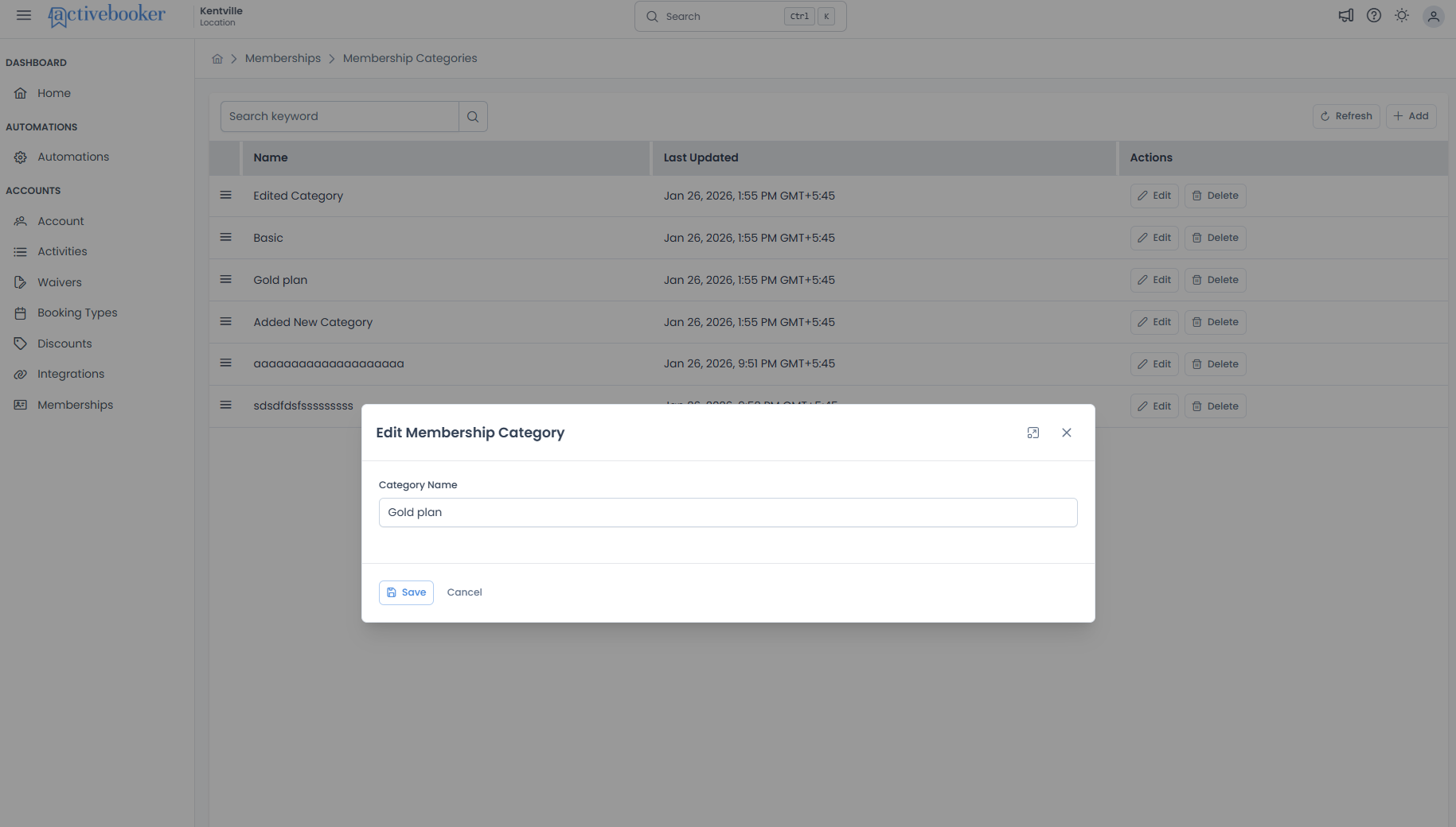 Edit Membership Category modal with pre-filled name