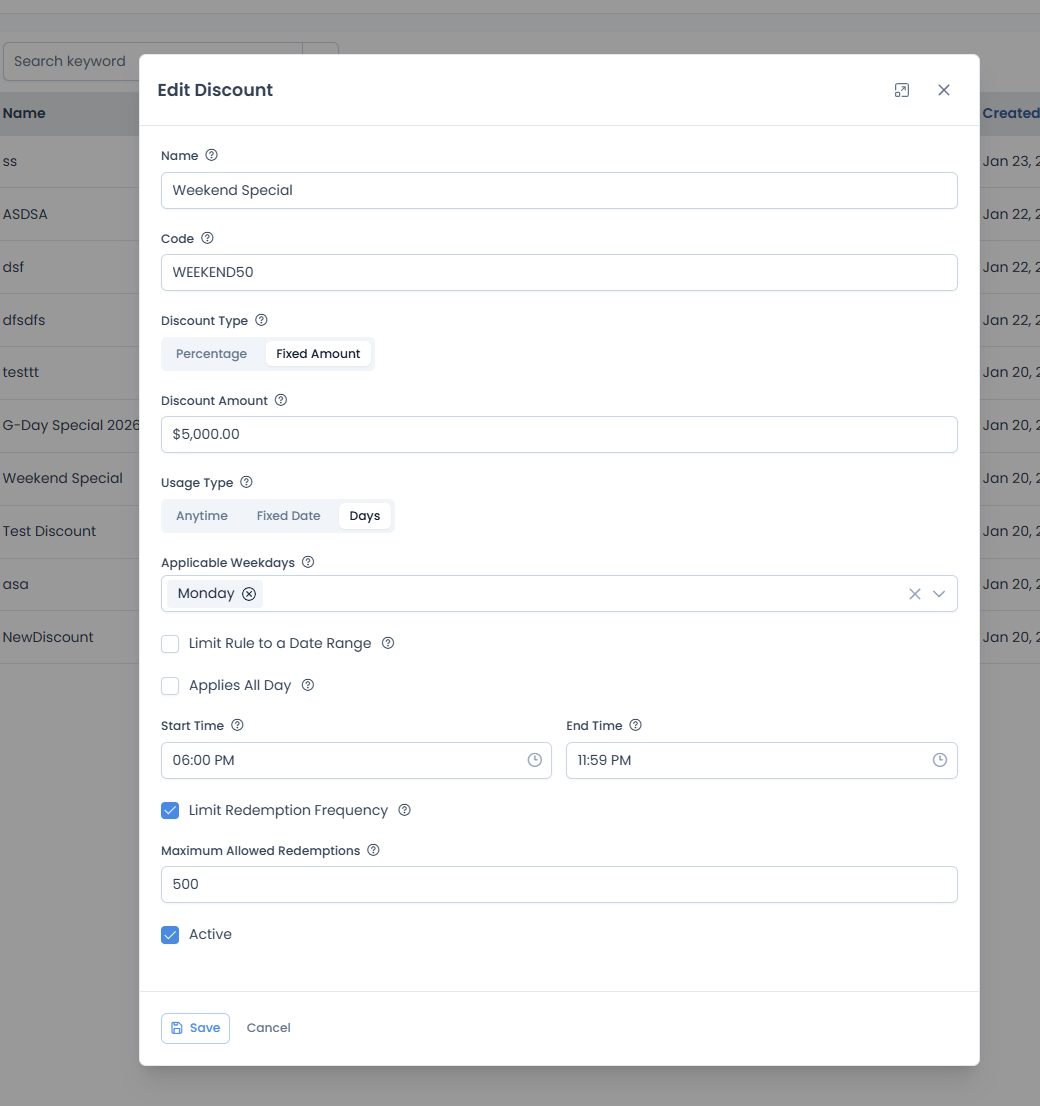 Edit Discount modal with pre-filled values