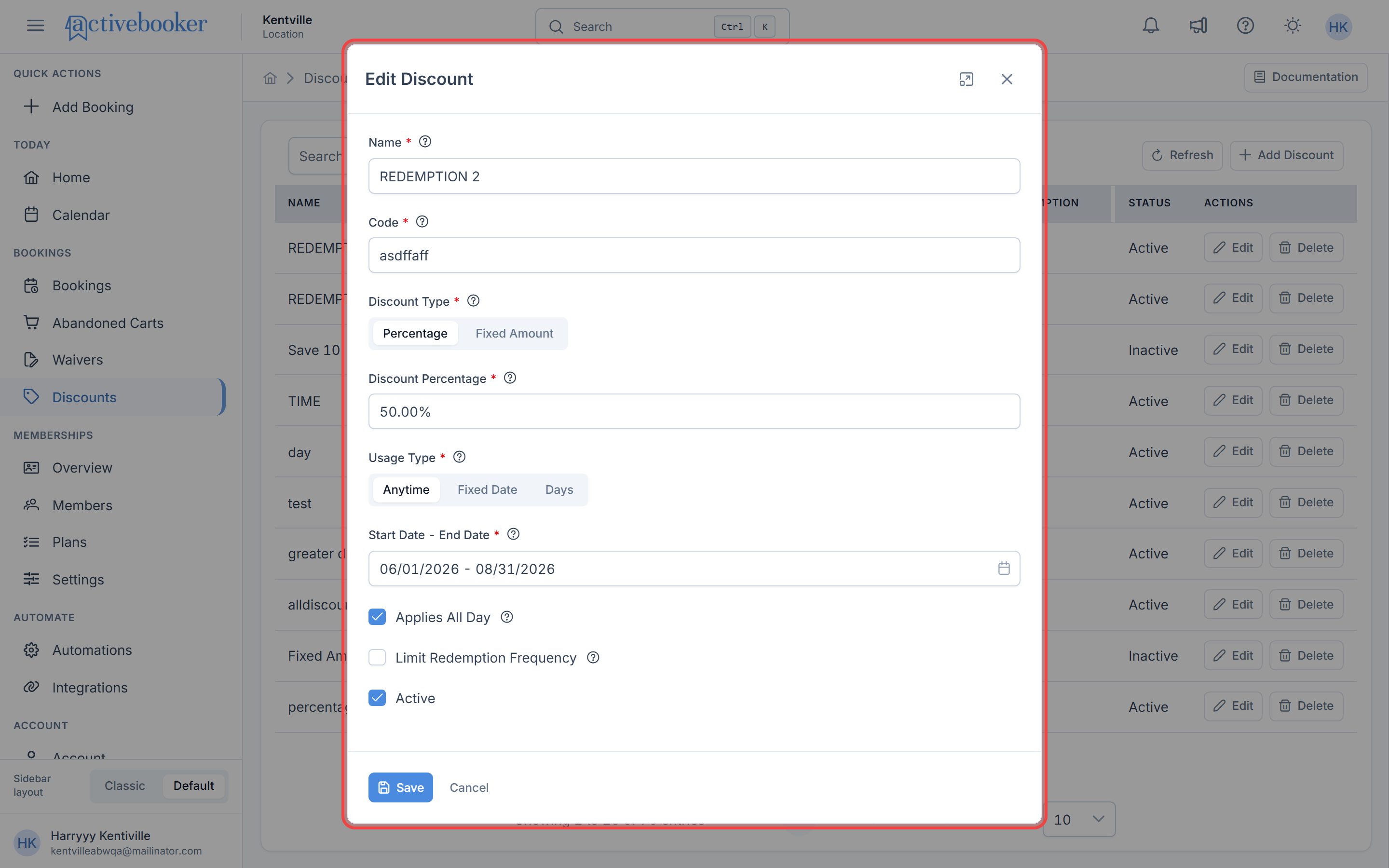 Edit Discount modal with pre-filled values