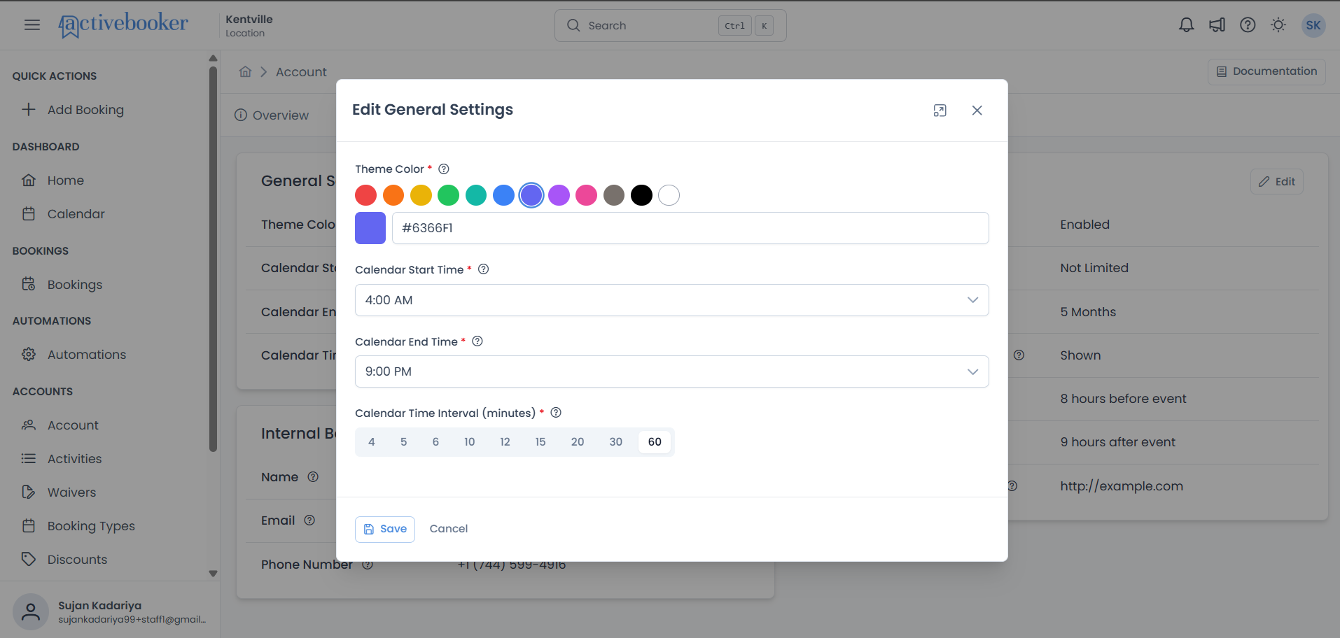 Edit General Settings modal showing theme color picker, calendar start time dropdown, and time interval selection buttons