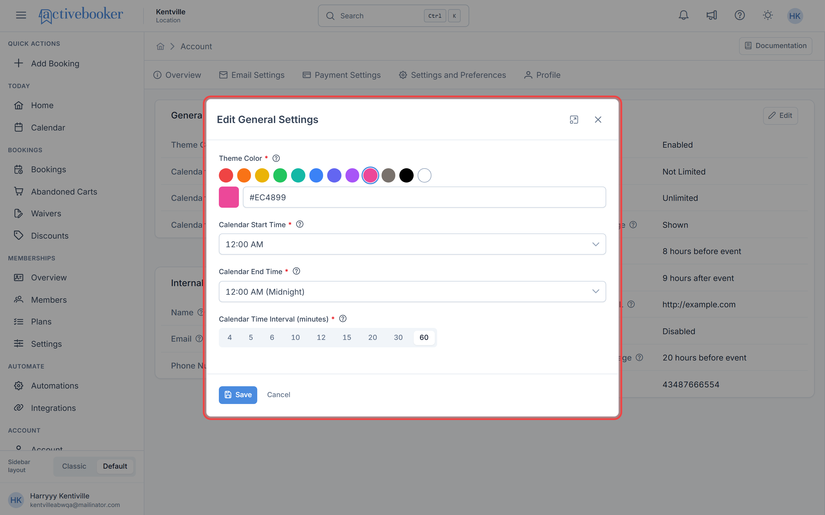 Edit General Settings modal showing theme color picker, calendar start time dropdown, and time interval selection buttons