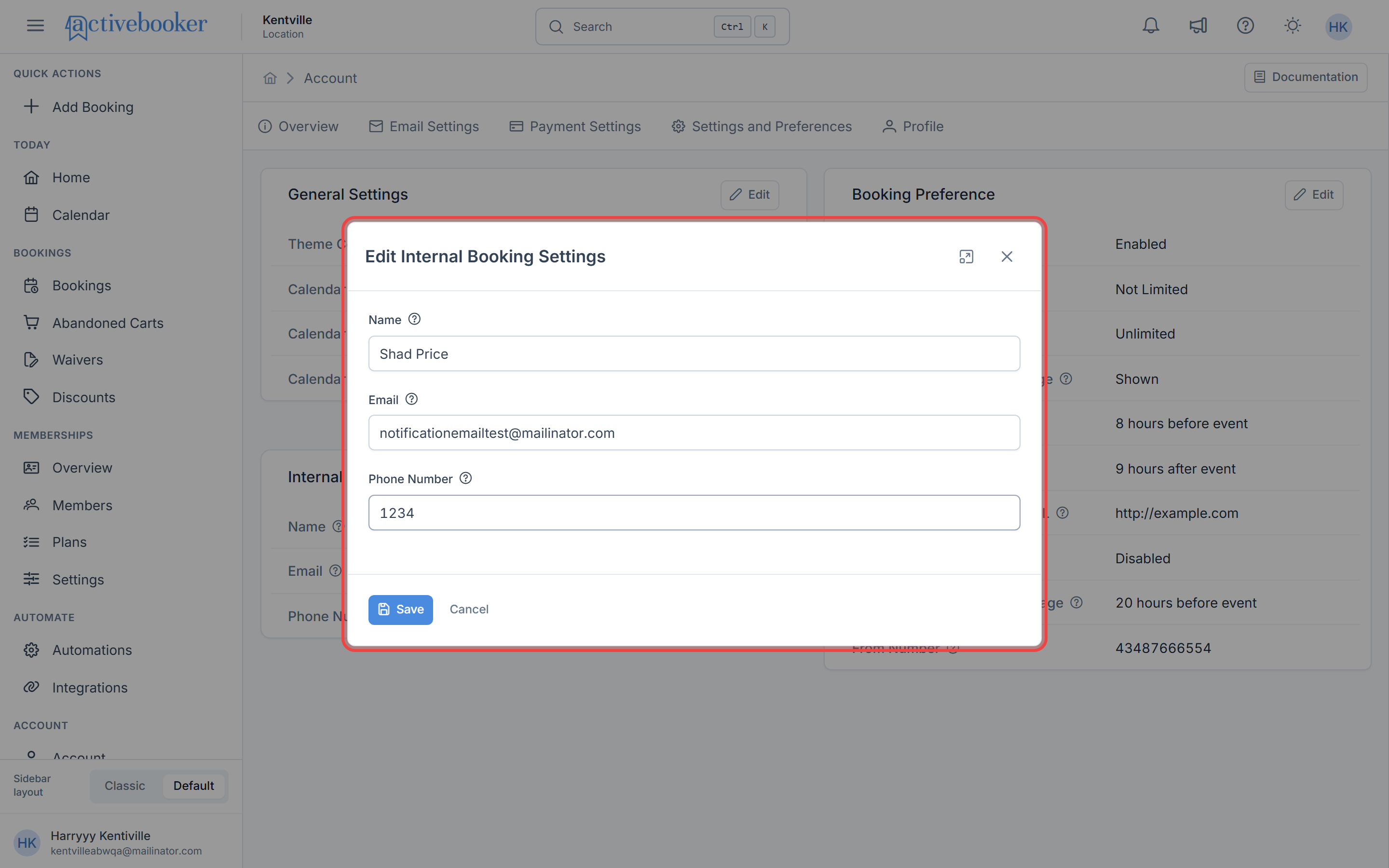 Edit Internal Booking Setting Modal