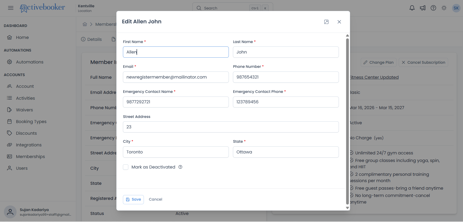 Edit member dialog with form fields