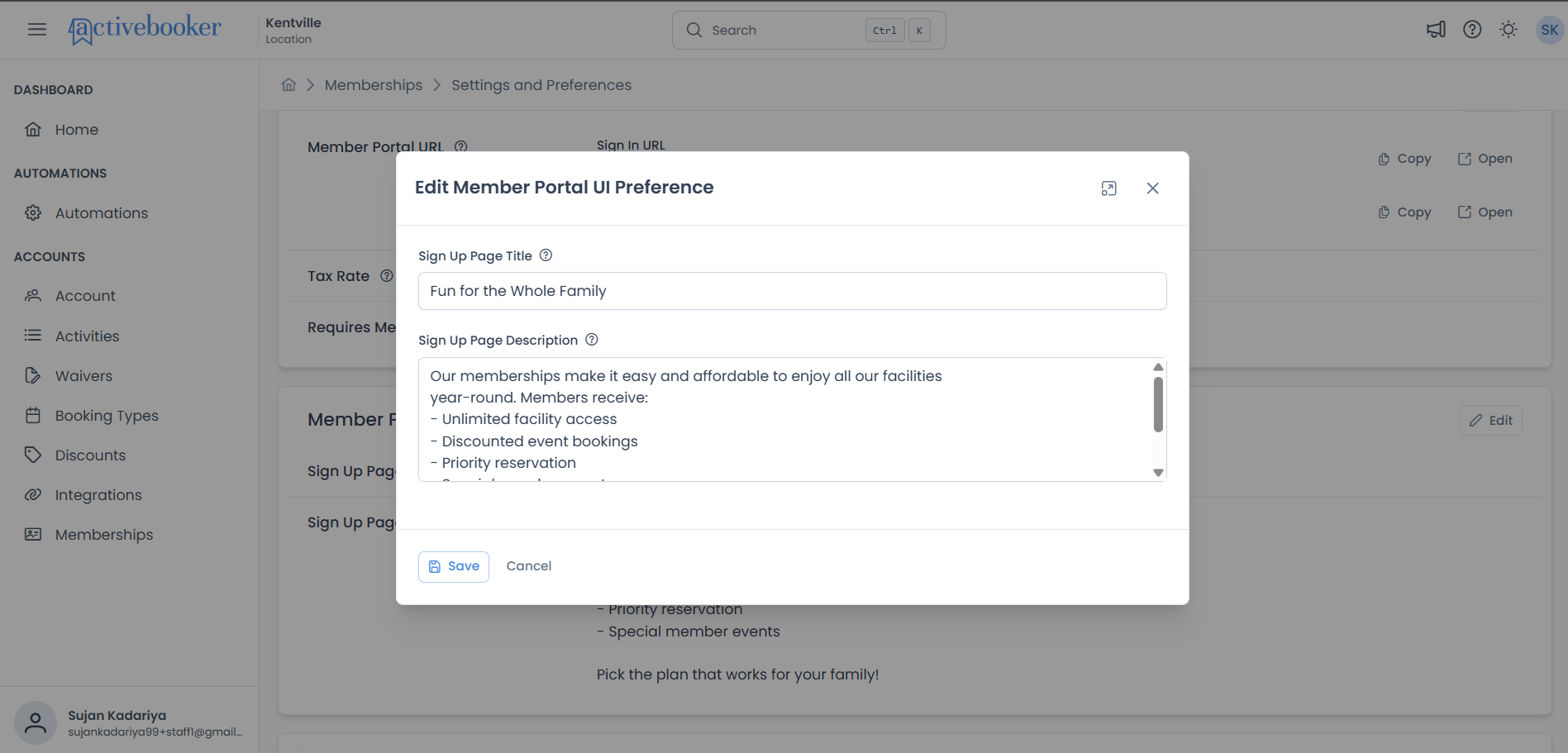 Edit Member Portal UI Preference modal showing title and description fields