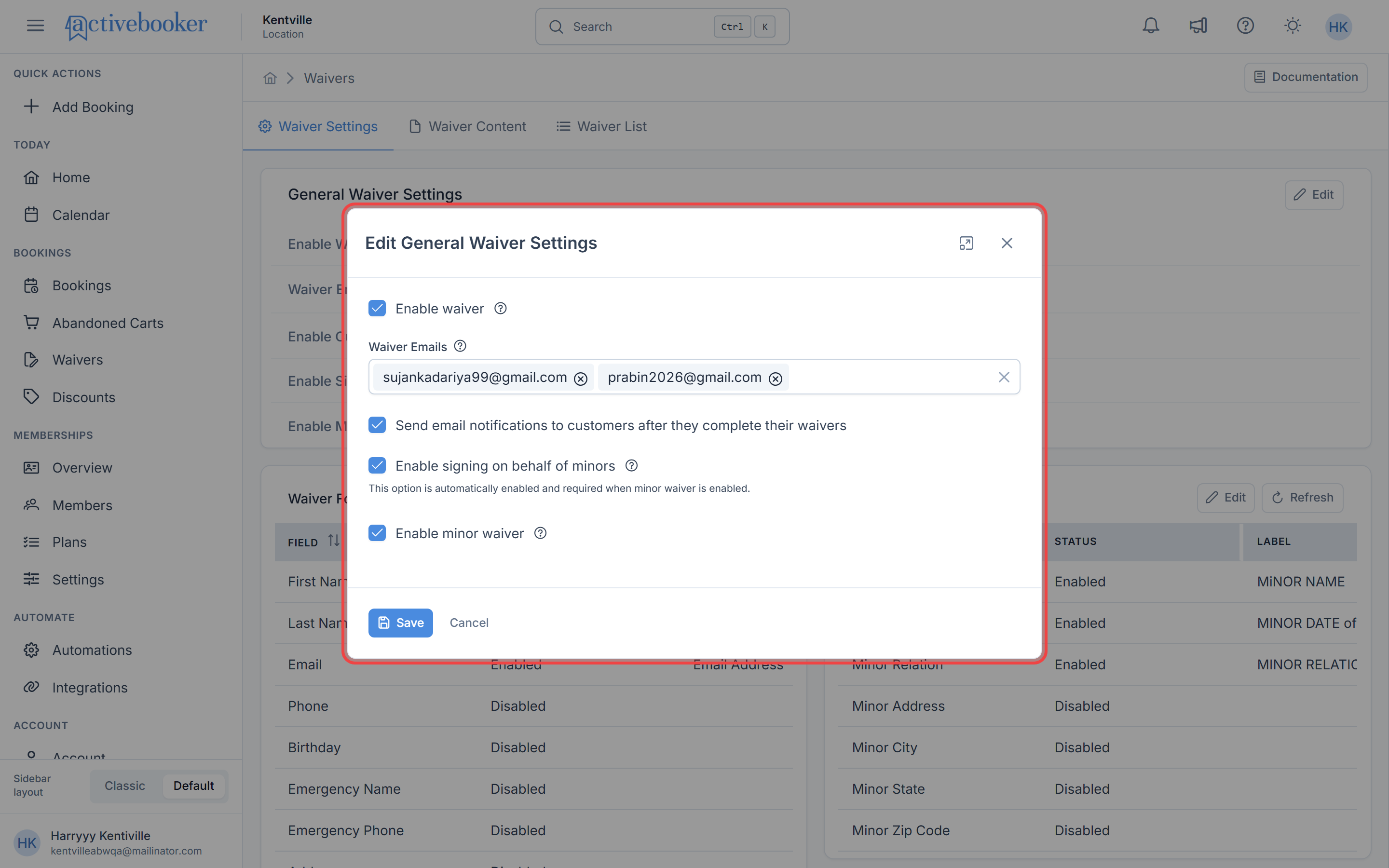 Edit Minor Form Fields modal for minor waiver requirements