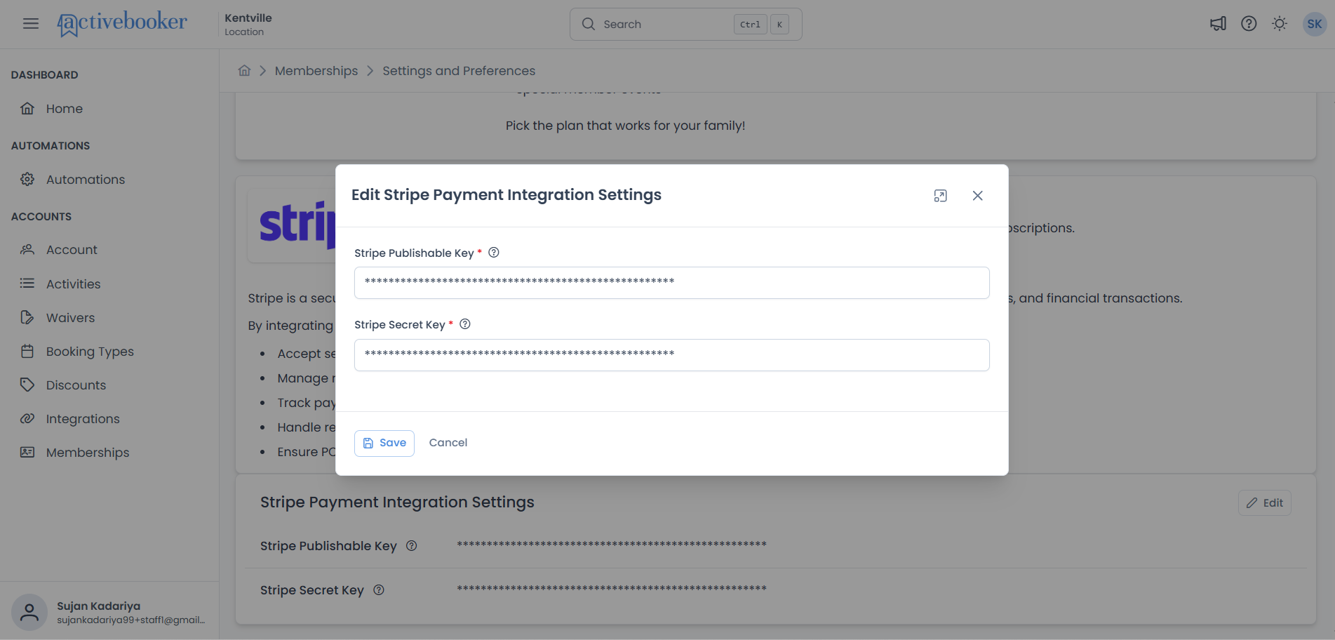 Edit Payment Integration modal with key fields