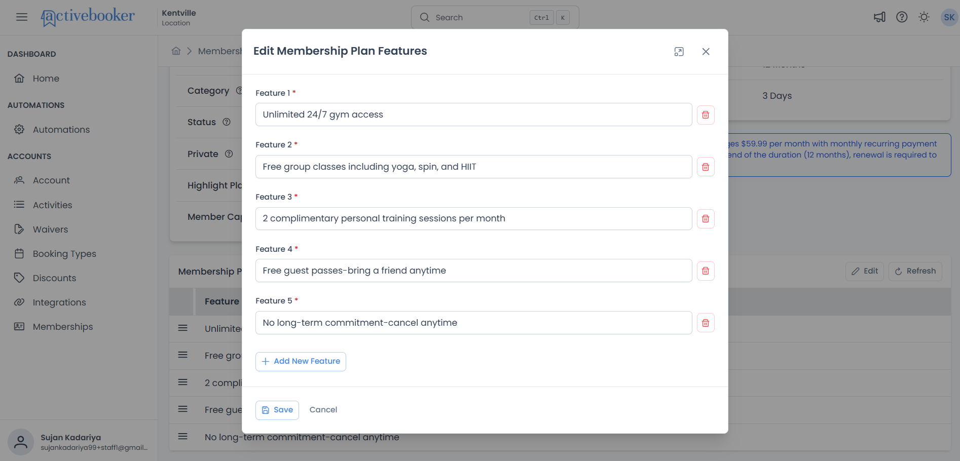 Edit Membership Plan Features modal with input fields