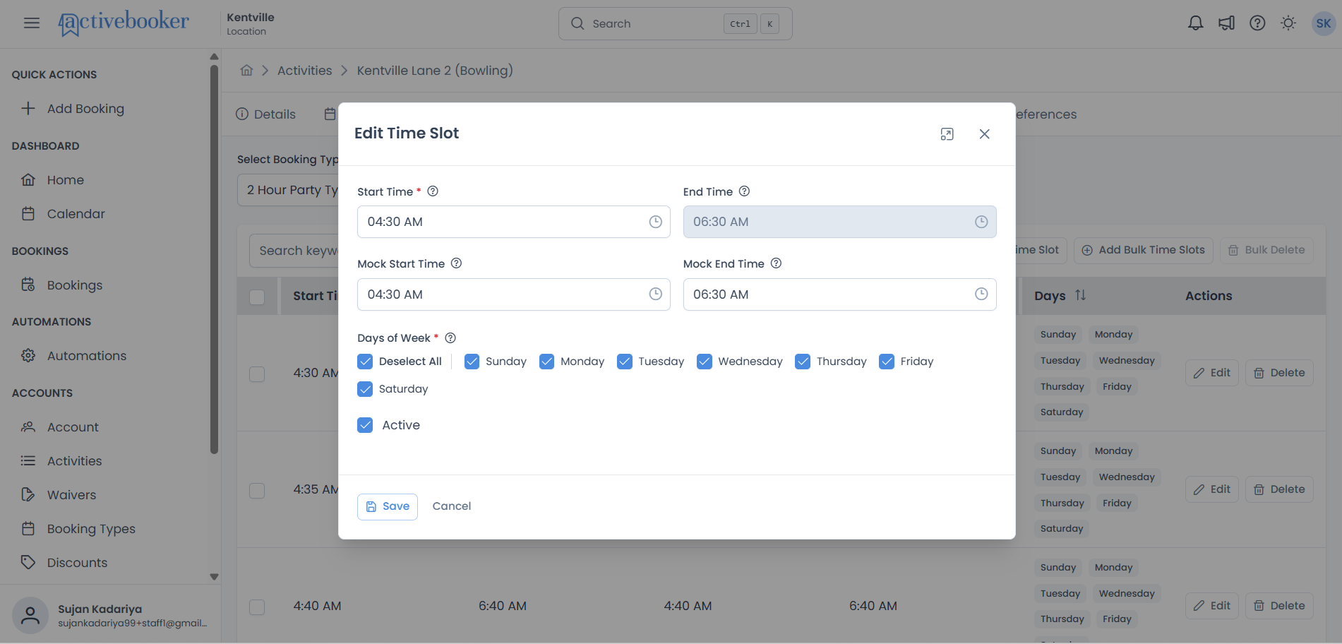 Edit Time Slot dialog with pre-filled values
