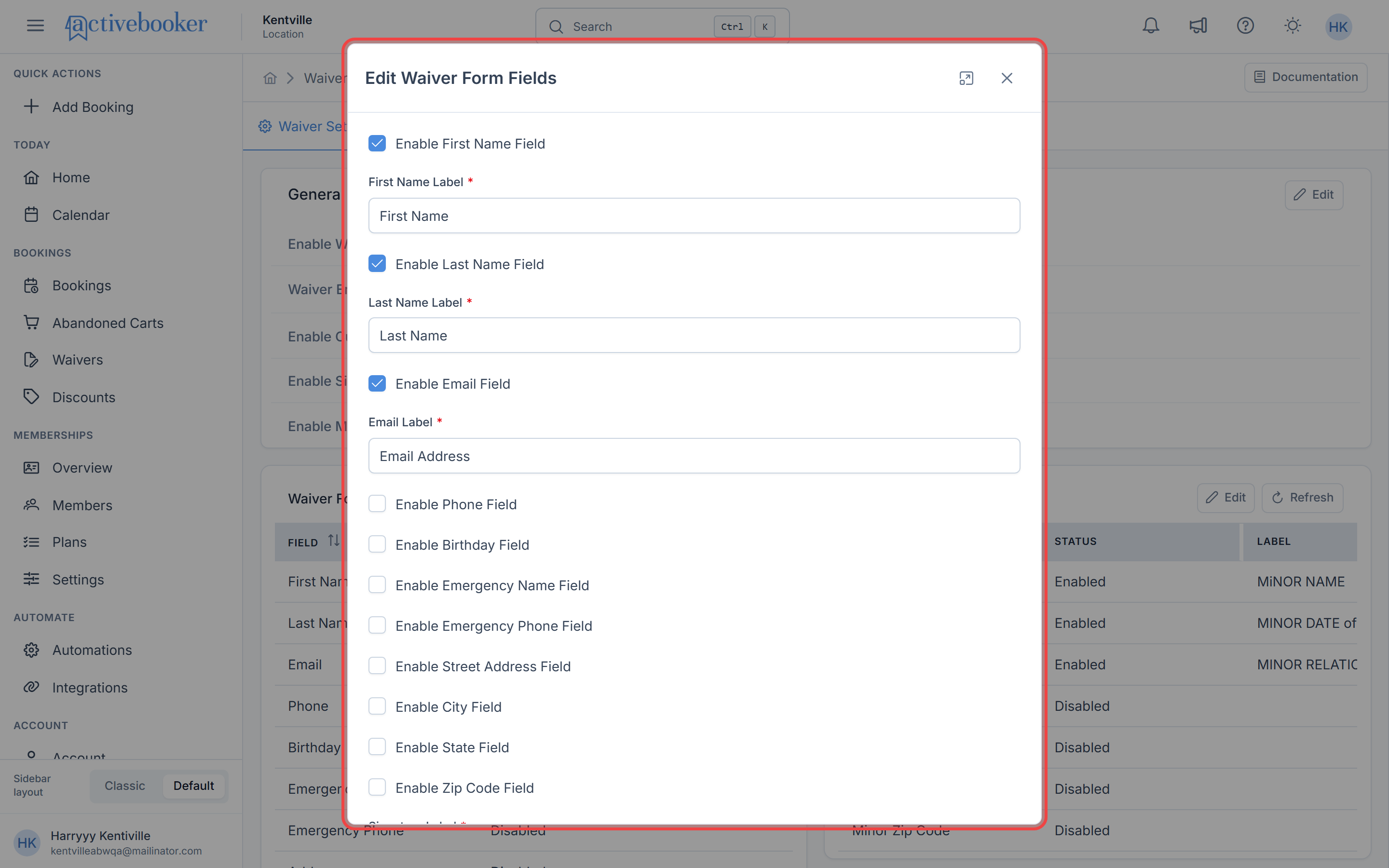 Edit Waiver Form Fields modal listing each field with status and label
