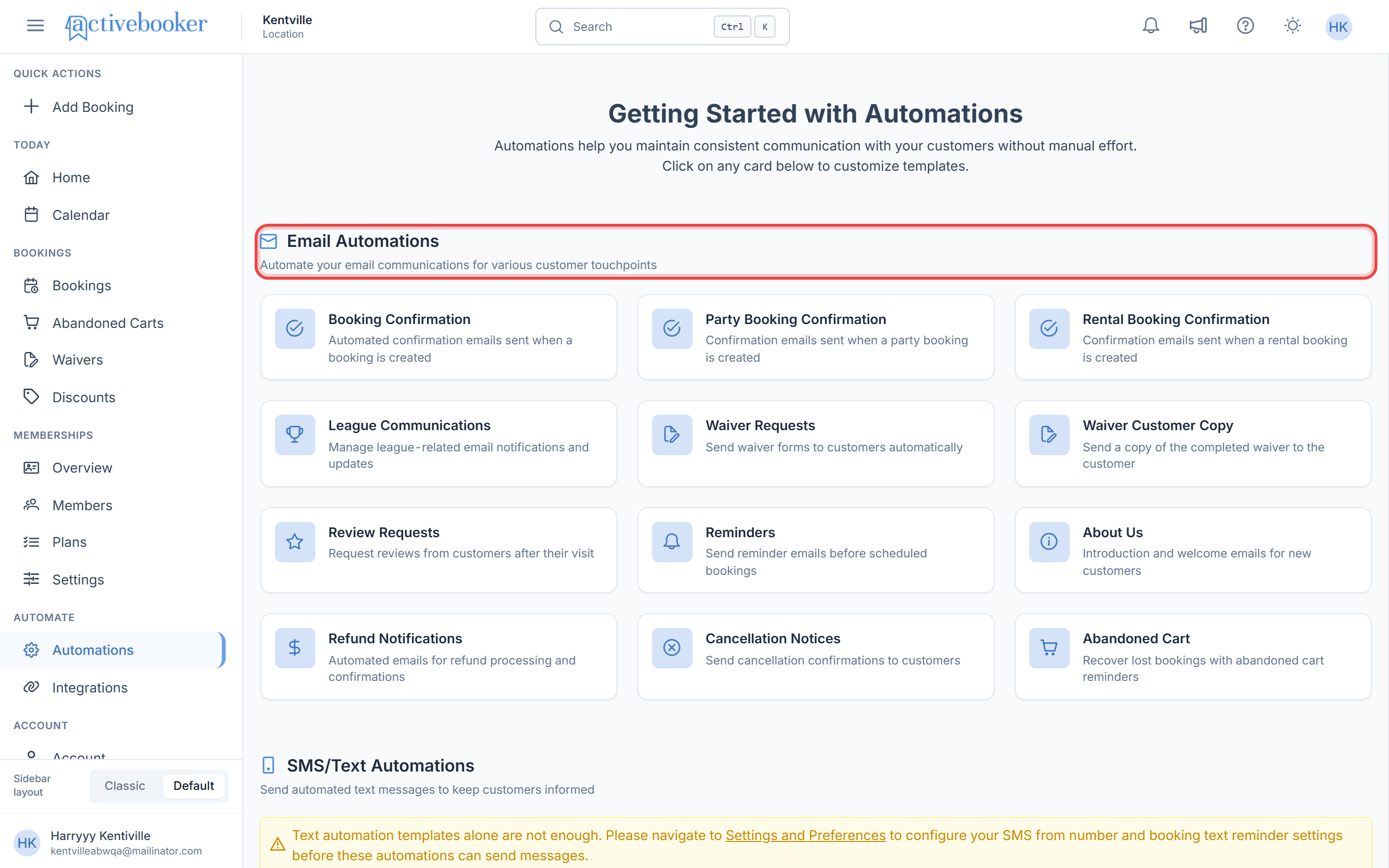 Email Automations Section